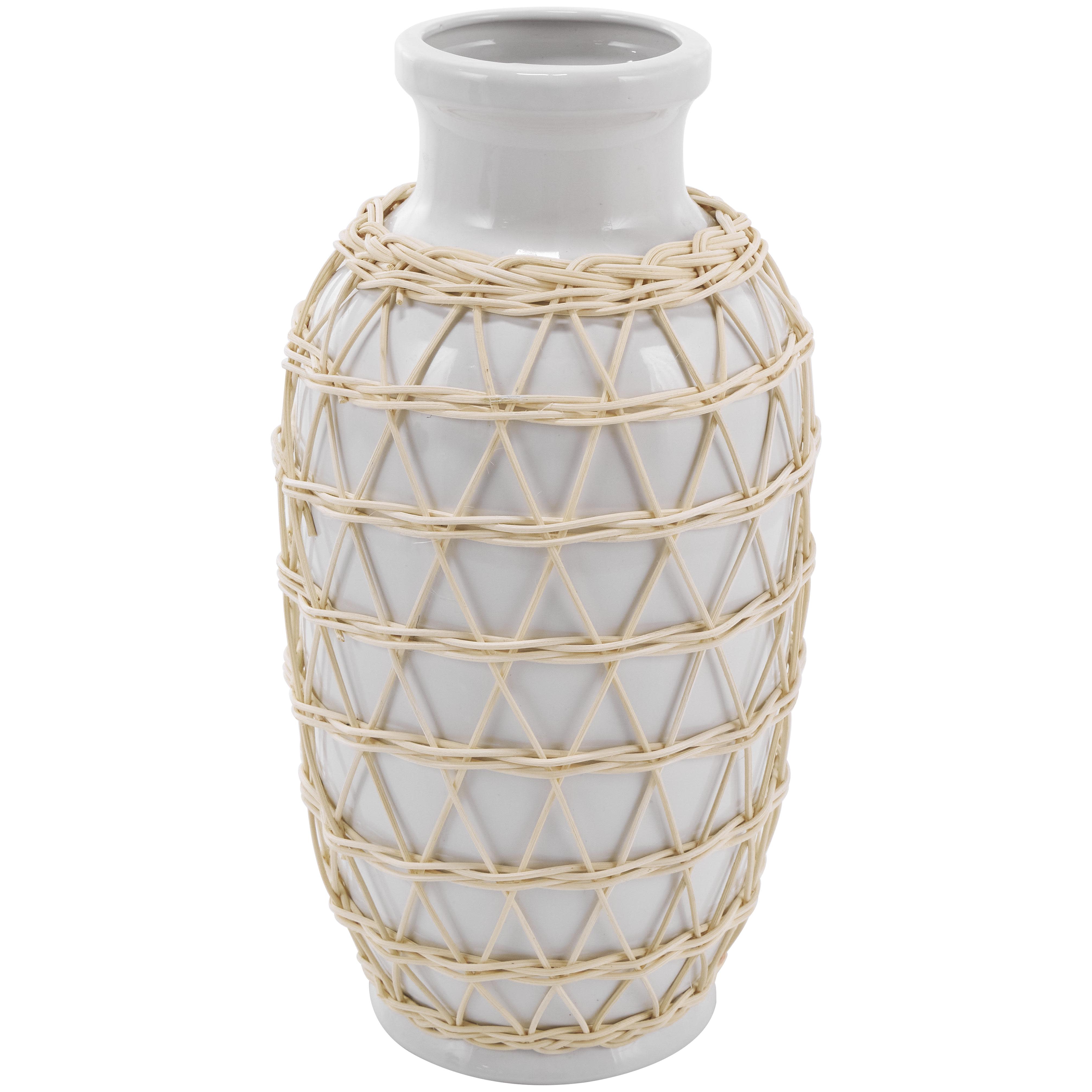 white ceramic handmade decorative vase with woven rattan exterior, 7" x 7" x 14"