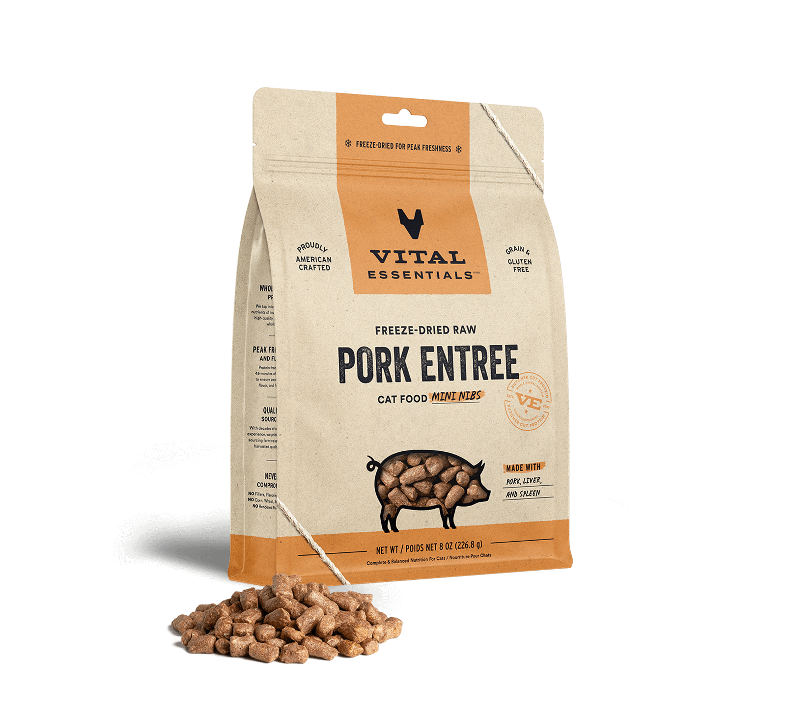 Vital Essentials Freeze-Dried Raw Pork Entree Cat Food Mini Nibs, 8 oz - Food
