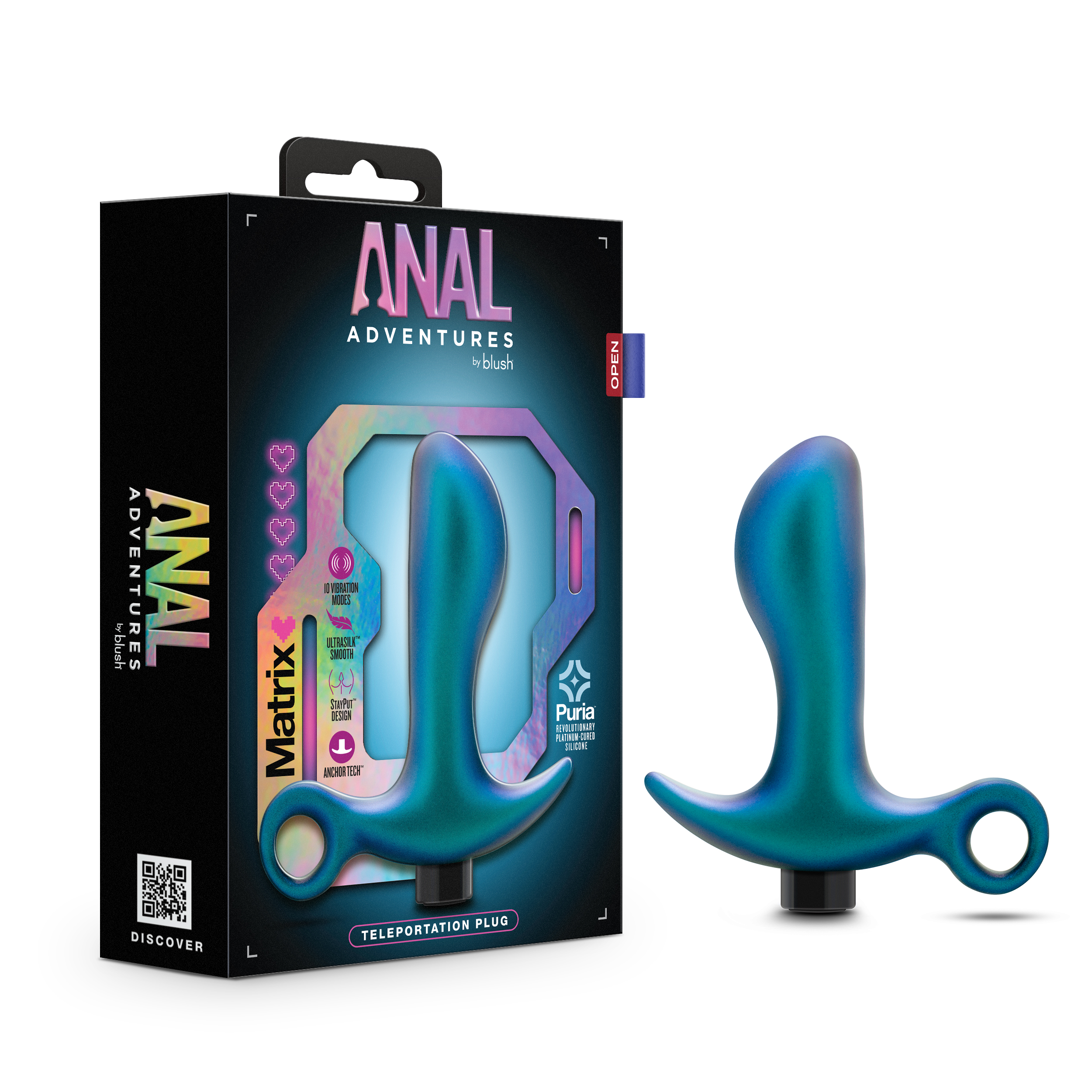 Blush Anal Adventures Matrix / Teleportation Plug: Curved For Prostate Massaging With Finger Loop in Lunar Blue / With Stayput? Technology & AnchorTech? Base