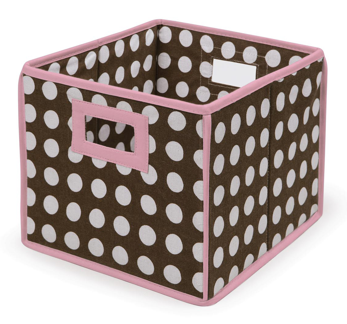 Folding Basket/Storage Cube - Pink Trim/Brown Polka Dot