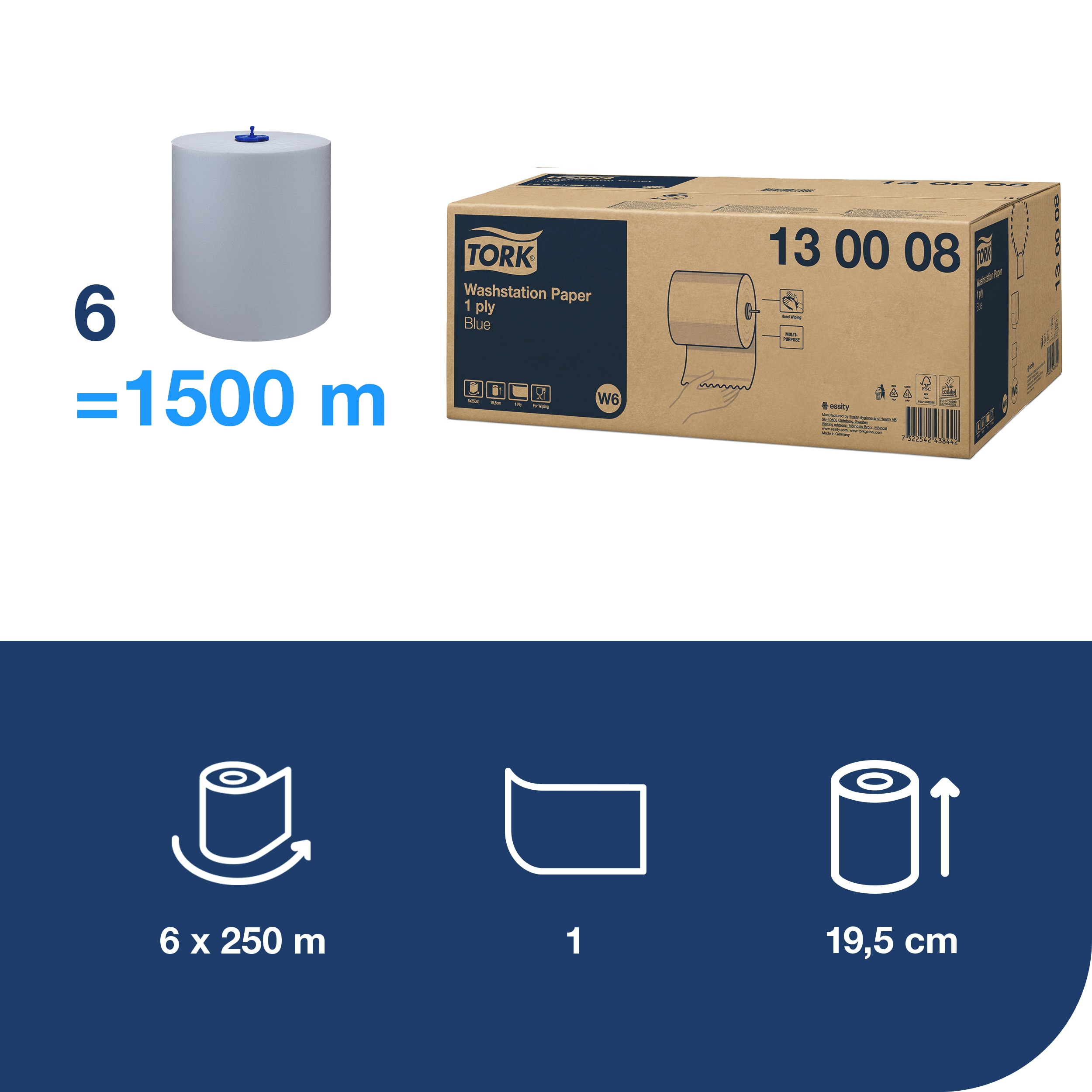 Aftørringsrulle, Udvendig oprulning, 1 lag, Blå, 1 rulle, Tork Washstation W6