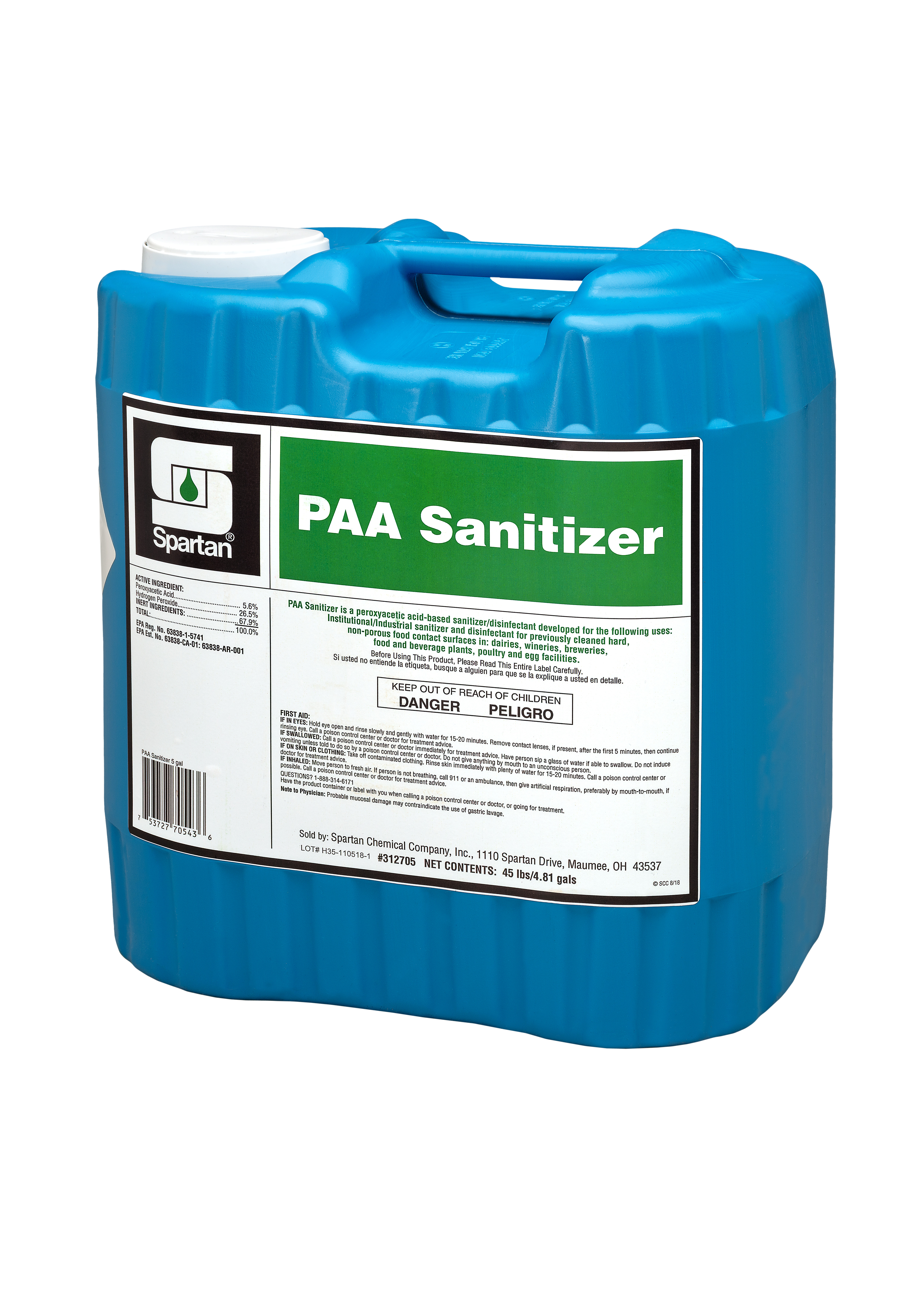 Spartan Chemical Company PAA Sanitizer, 4.81 Gallon Fill