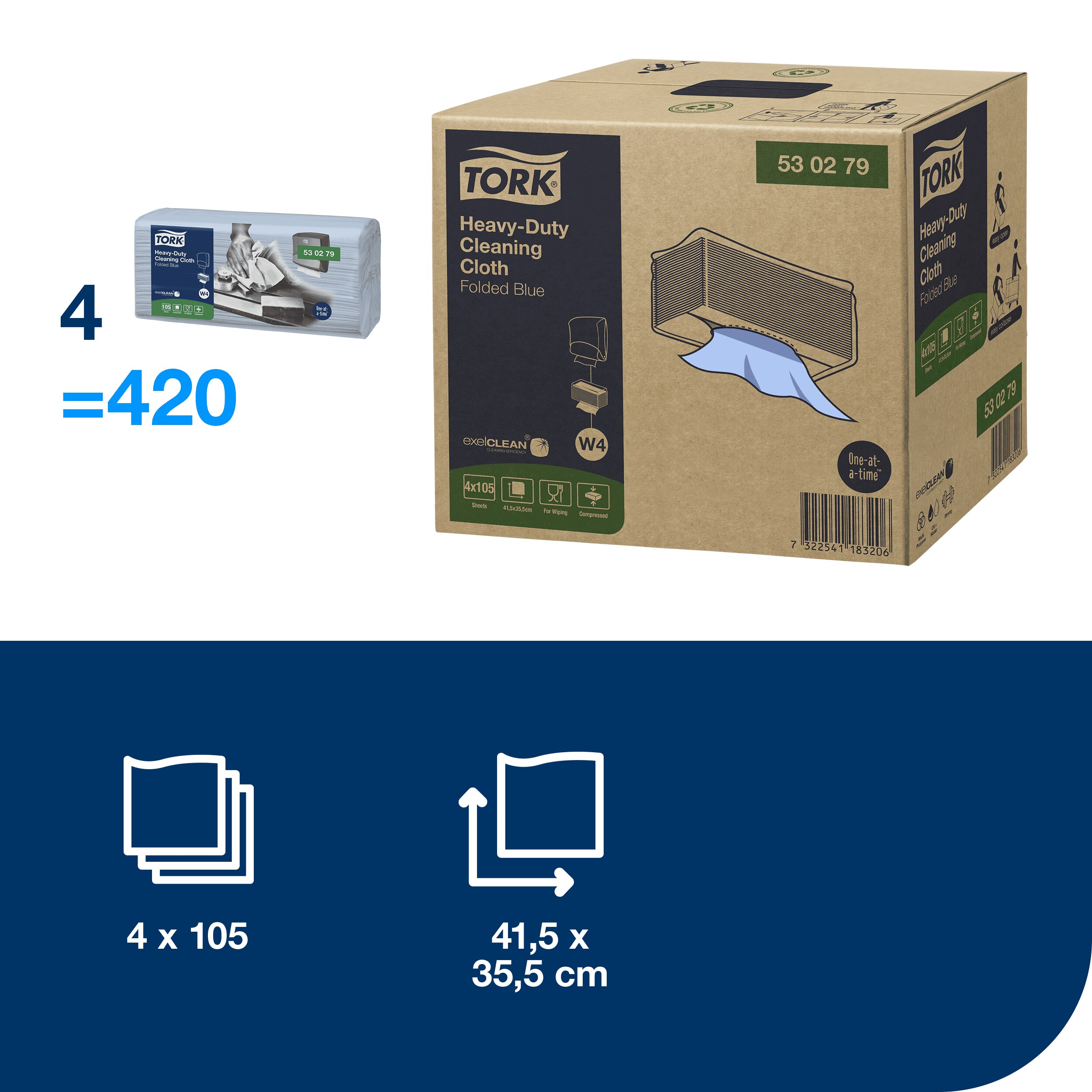 Aftørringsklud, Industri, Blå, 420 klude, Tork Kraftig W4