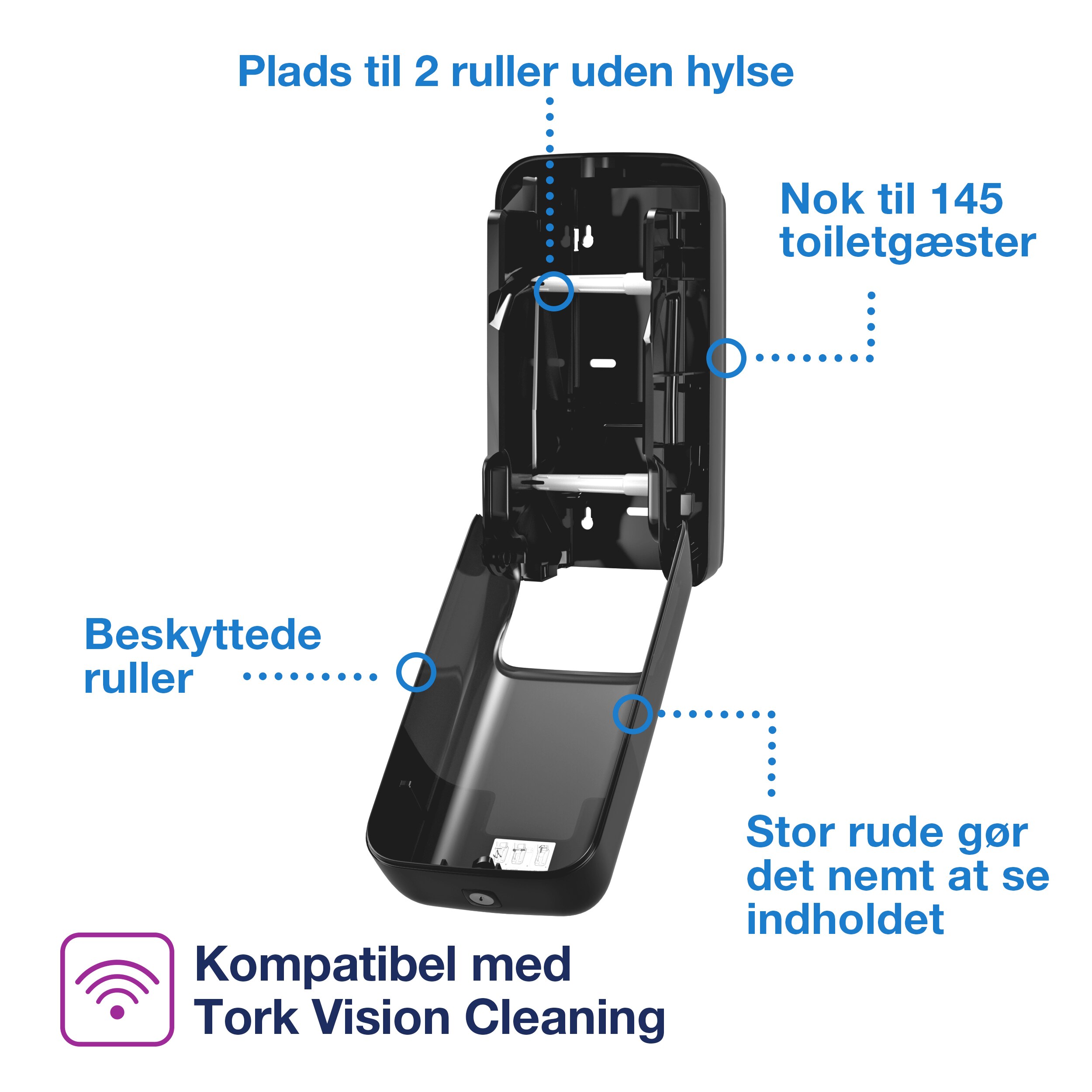 Toiletpapirdispenser, Til 2 ruller uden hylse, Udvendig oprulning, Sort, Tork OptiServe T7