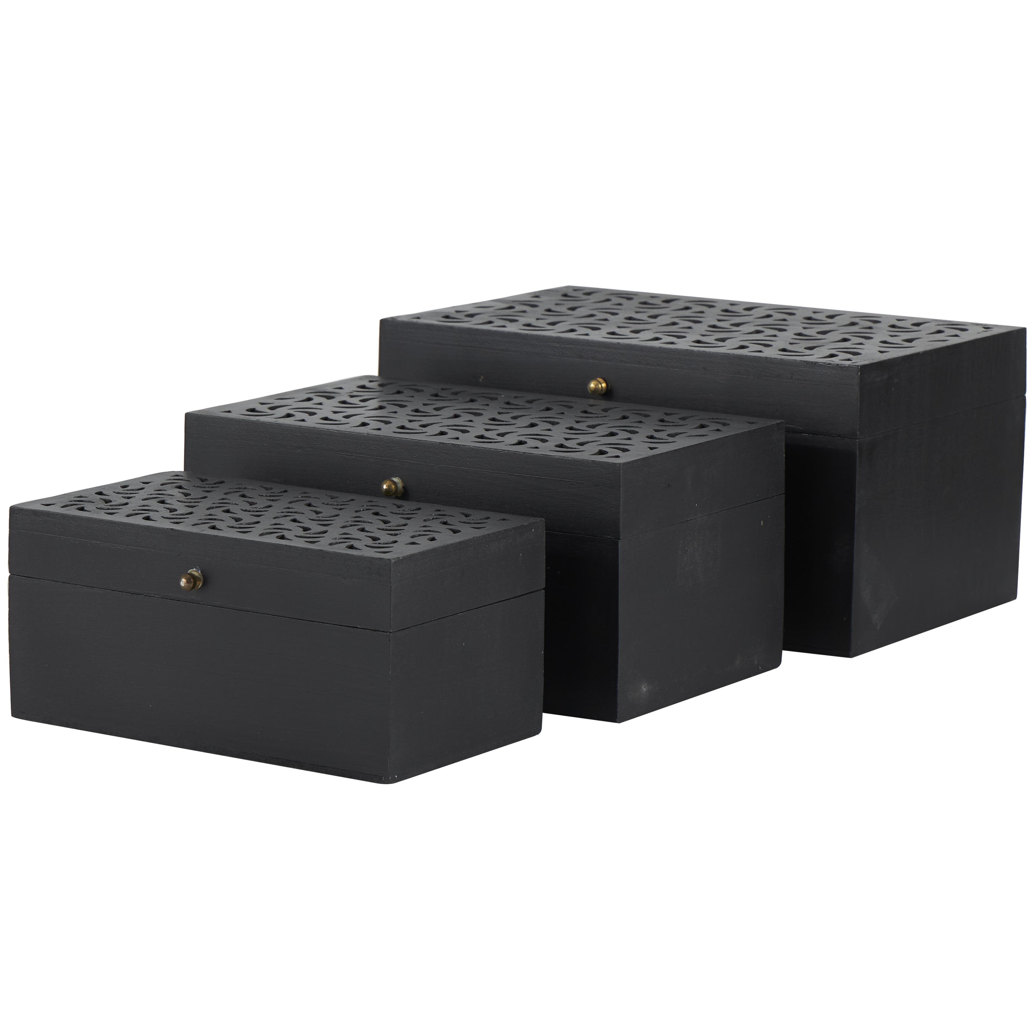 The Novogratz Black Wood  Intricate Carved Decorative Box with Hinged Lid, Set of 3 12\", 10\", 9\"W(3 Sets of 3 pcs)