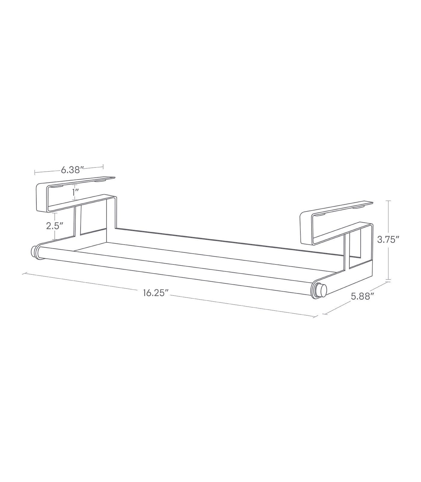 Dimension image for Undershelf Hanger on a white background including dimensions  L 6.5 x W 16.54 x H 3.94 inches