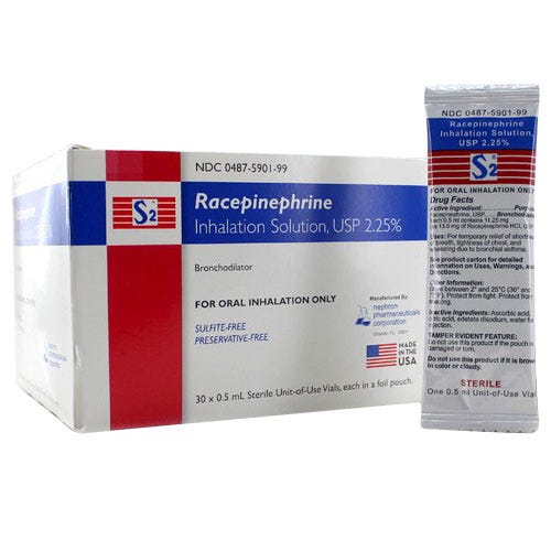 S2® Racepinephrine Inhalation Solution, 2.25%, 0.5ml x 30 Unit of Use Vials - 30/Box