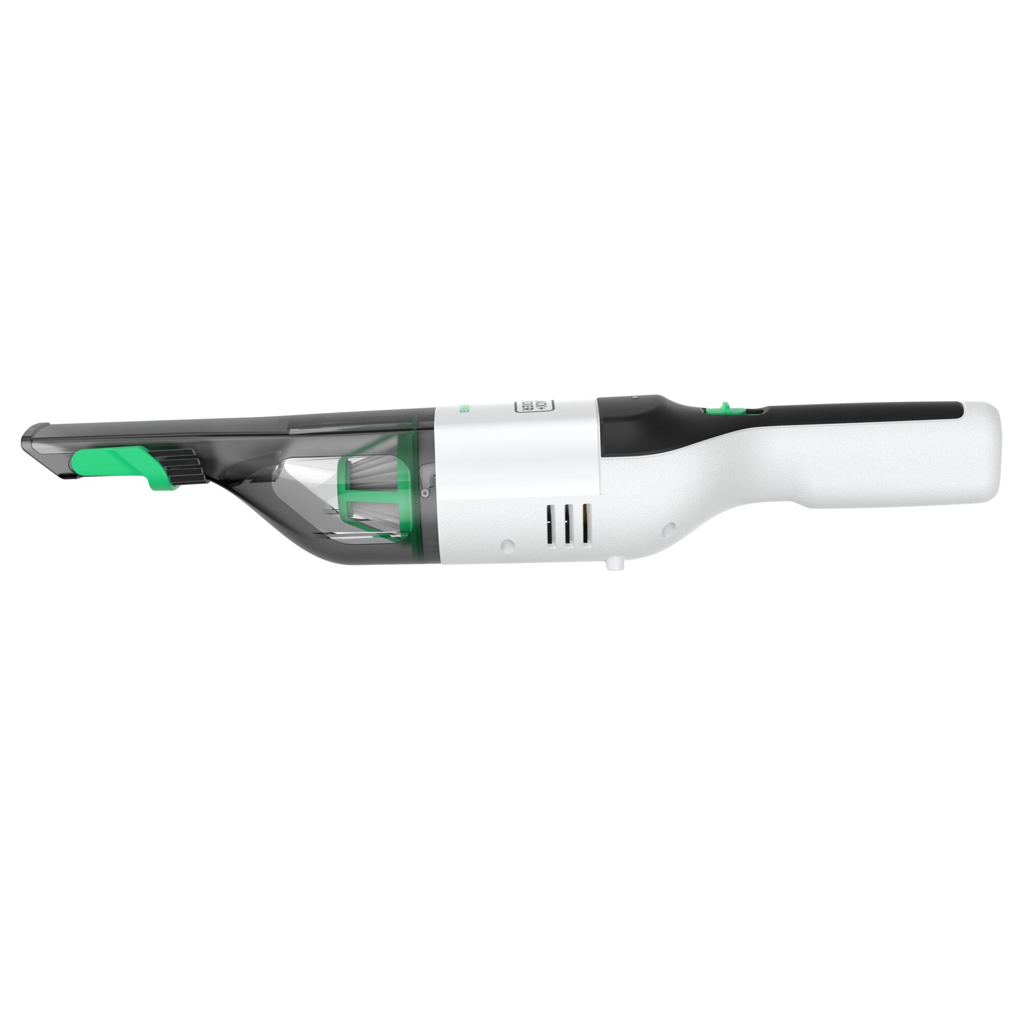 Side view of the BLACK+DECKER reviva hand vac on a white background