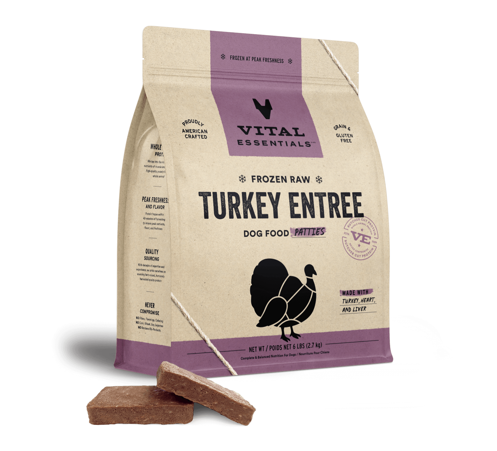 Vital Essentials Frozen Raw Turkey  Entree Dog Food Patties, 6 lbs - Treats
