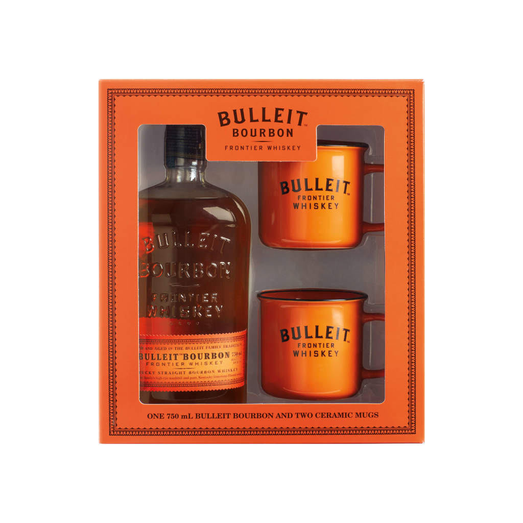 BULLEIT BOURBON WHISKEY WITH TWO BRANDED CERAMIC MUGS