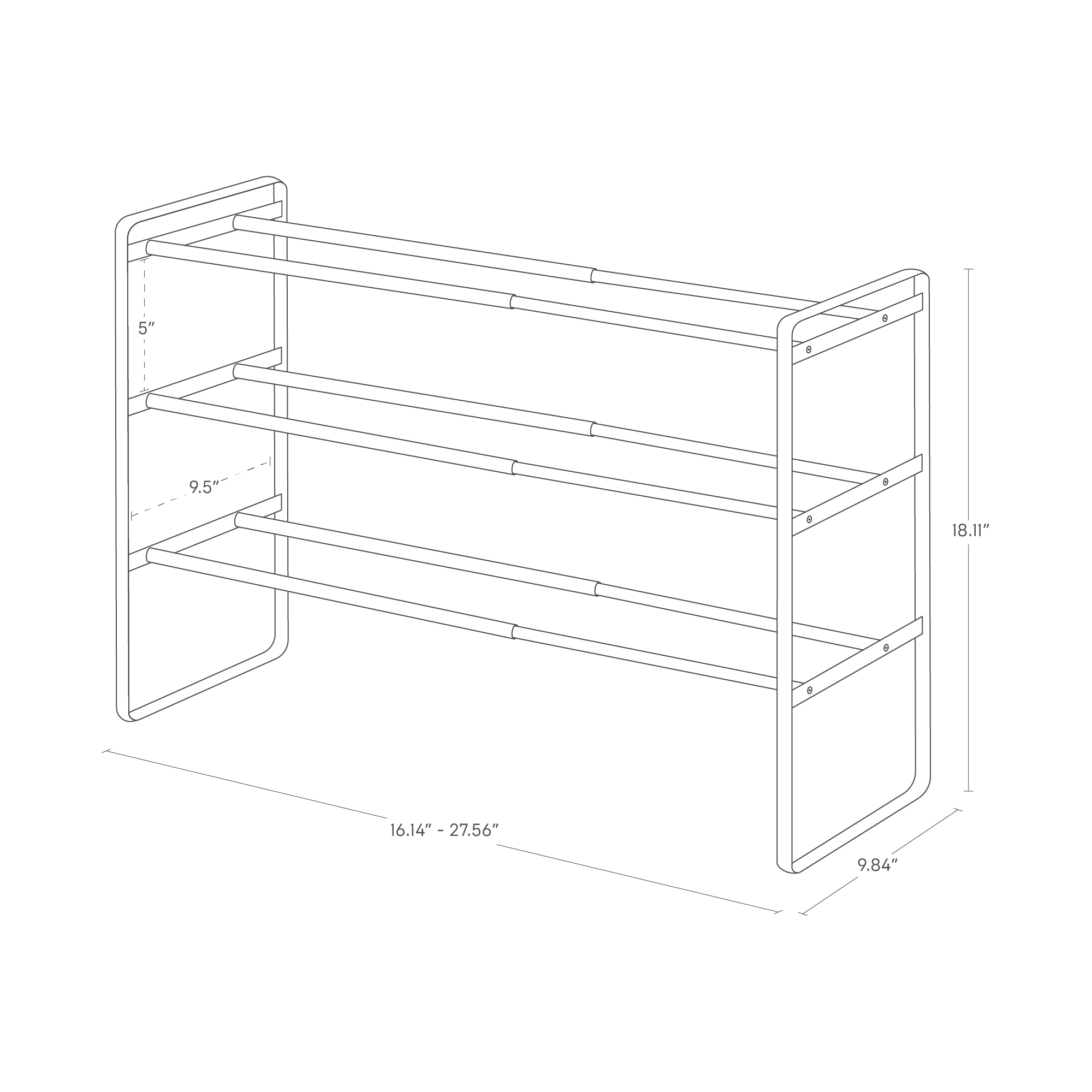 The image shows a 3-tier expandable shoe rack with dimensions: height is 18.11", depth is 9.84", and width is adjustable from 16.14" to 27.56". The space between tiers is 5" for the top level and 9.5" for the middle level.