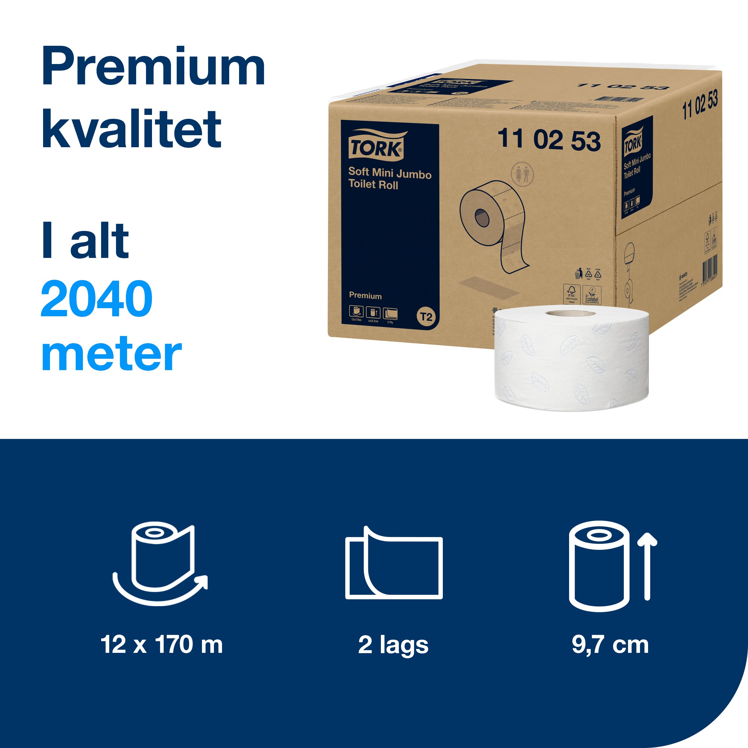 Toiletpapir, Udvendig oprulning, 2 lag, 12 ruller, Tork Premium Soft Jumbo Mini T2