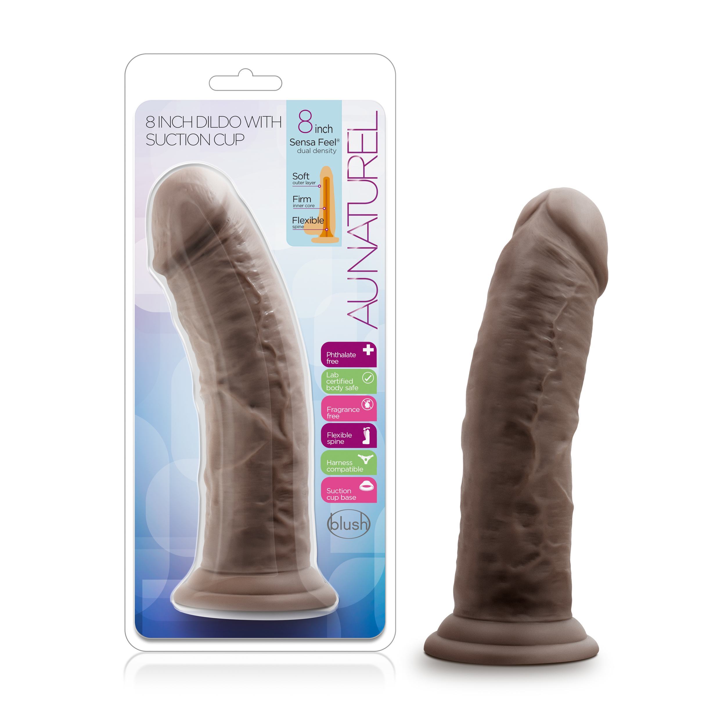 Blush Au Naturel Realistic Chocolate 8-Inch Long Dildo With Suction Cup Base