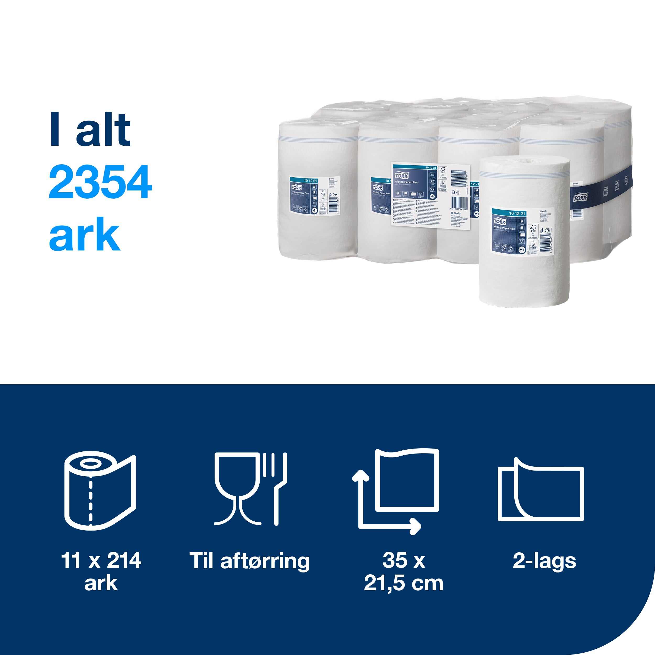 Aftørringsrulle, Centertræk, 2 lag, 11 ruller, Tork Plus Mini M1