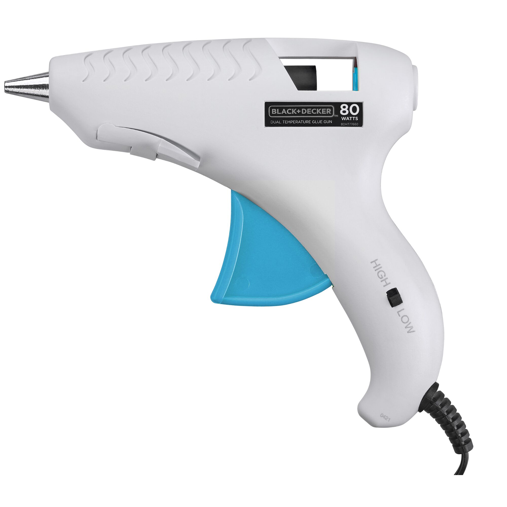 profile of a BLACK+DECKER corded glue gun without glue stick in chamber