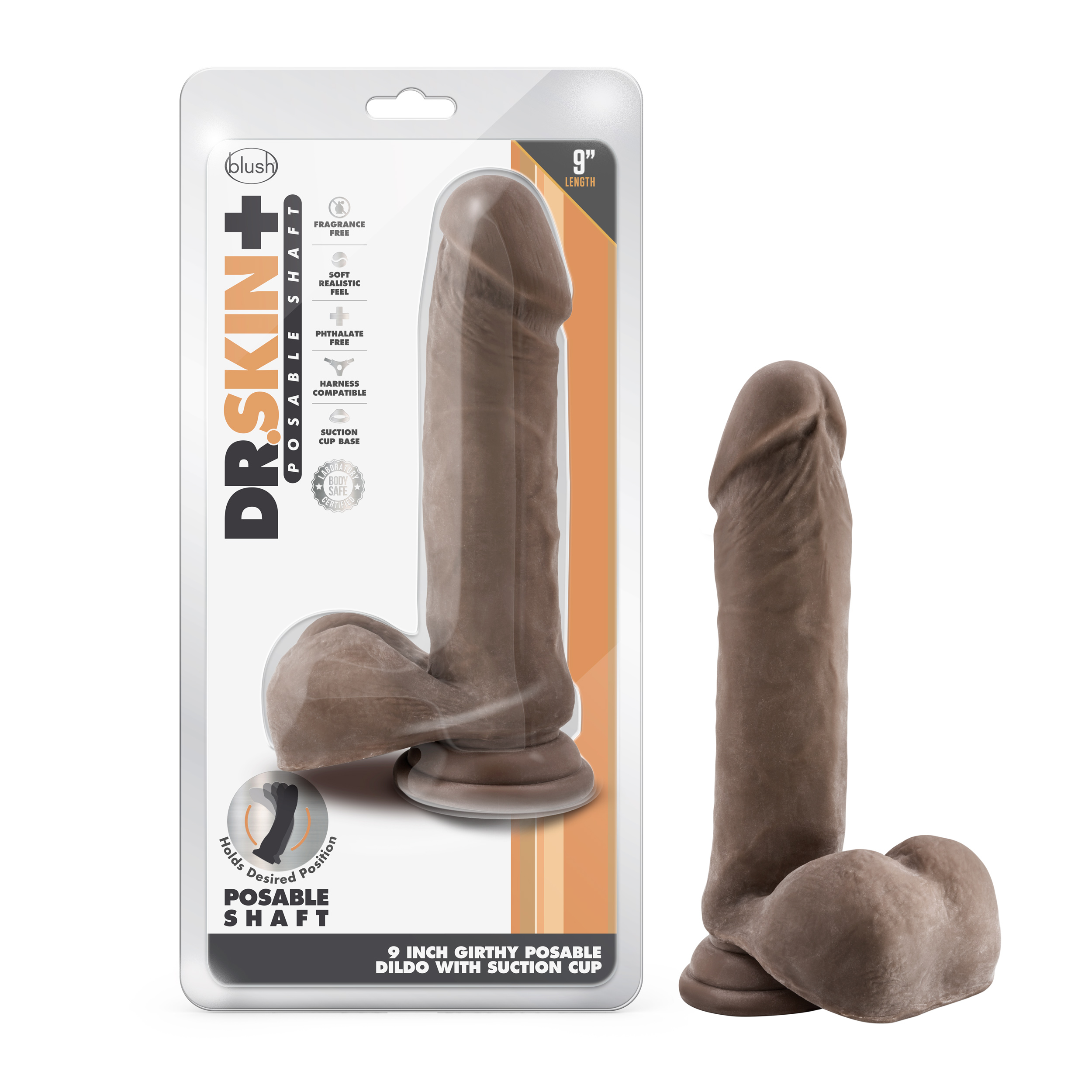 Blush Dr. Skin Plus Realistic Chocolate 9-Inch Long Dildo With Balls & Suction Cup Base