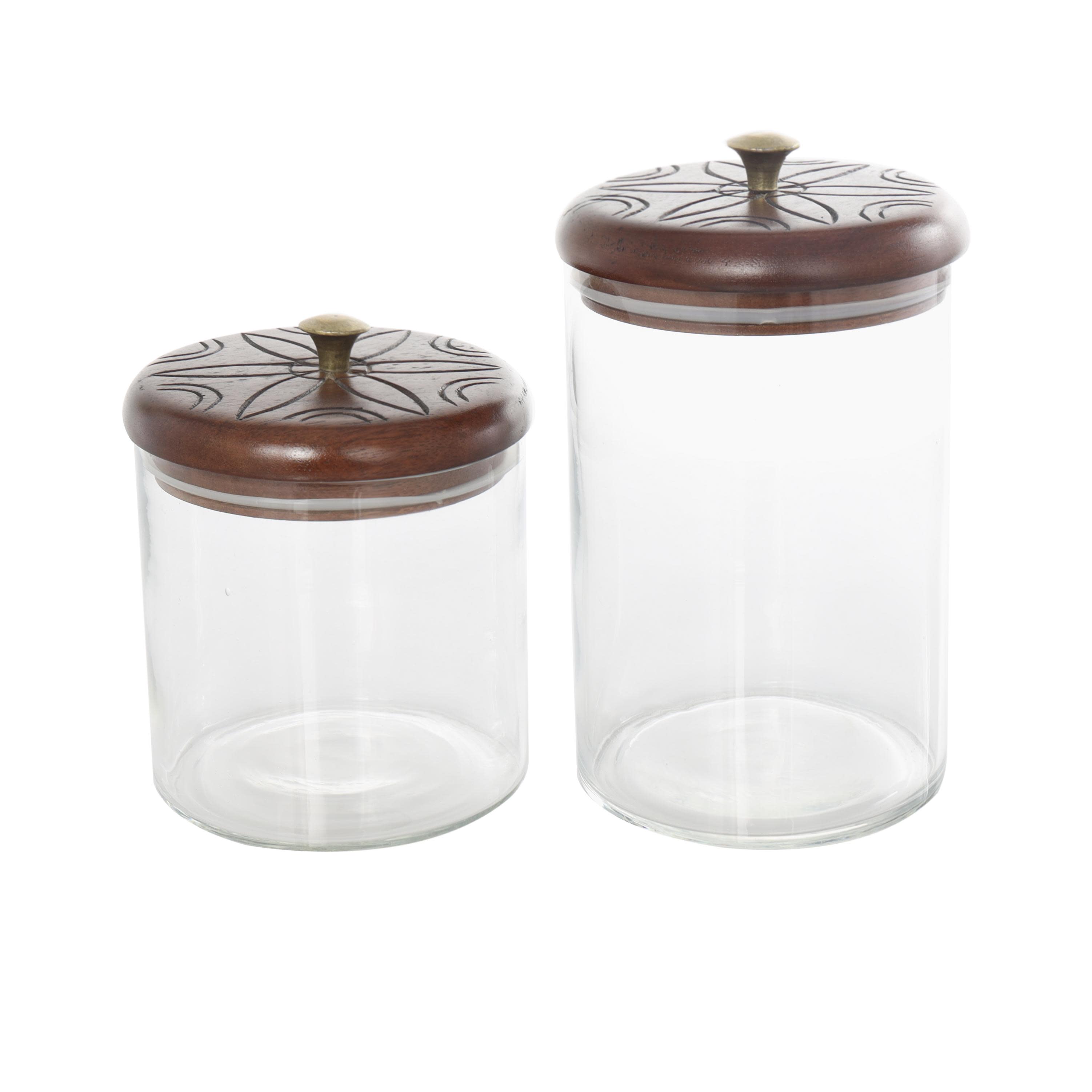 Clear Glass Floral Carved Living Room Decorative Jars with Brown Wooden Lids and Gold Knobs, Set of 2 9", 6"H