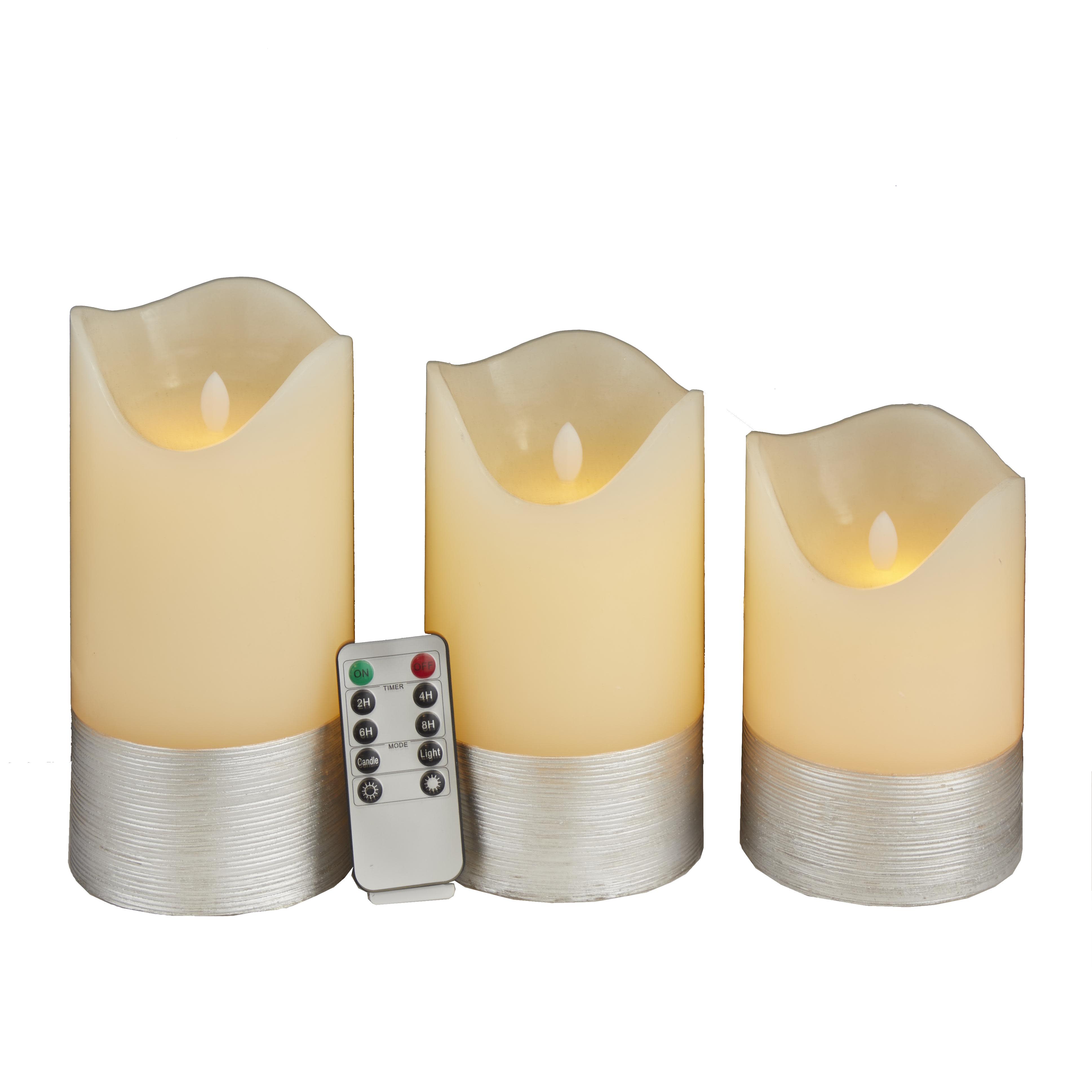 Silver Wax  Silver Base Flameless Candle with Remote Control, Set of 3 8", 7", 6"H