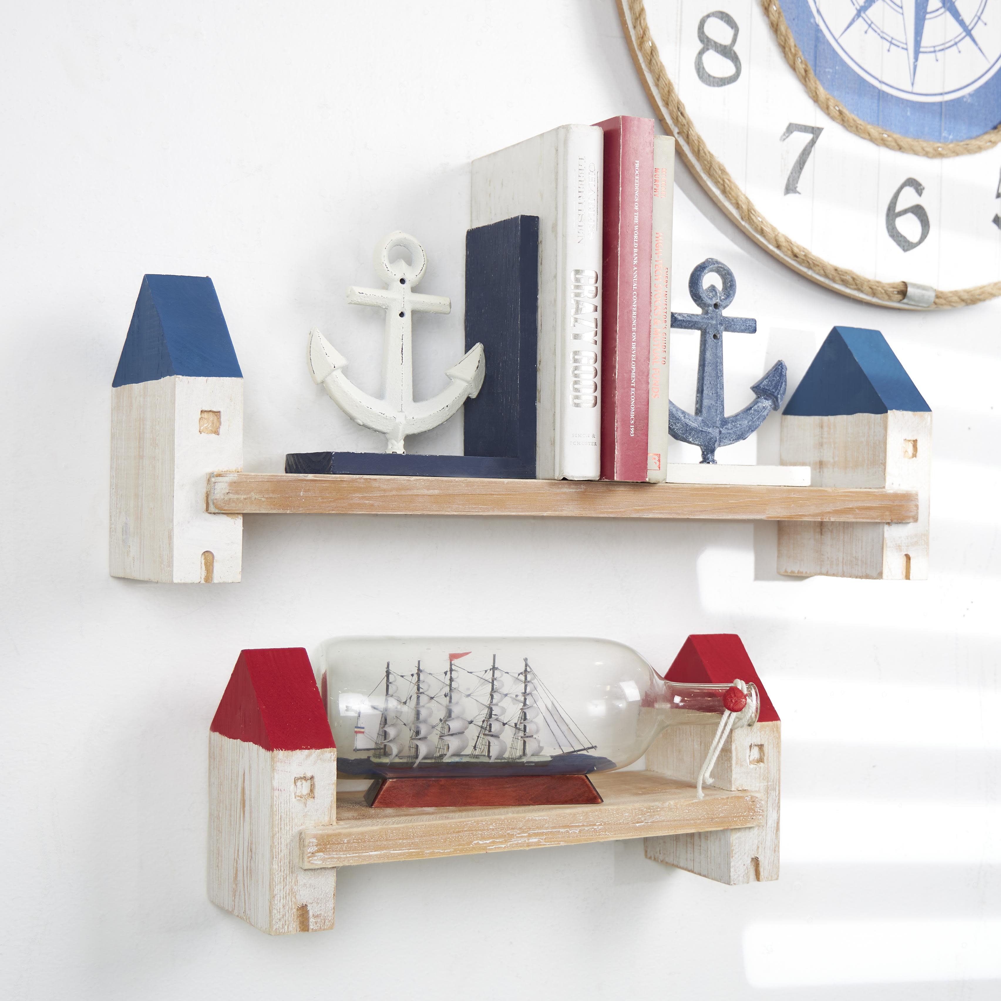 Multi Colored Wood Light House Whitewashed Wall Shelf with Red and Blue Accents, Set of 2 24", 16"W