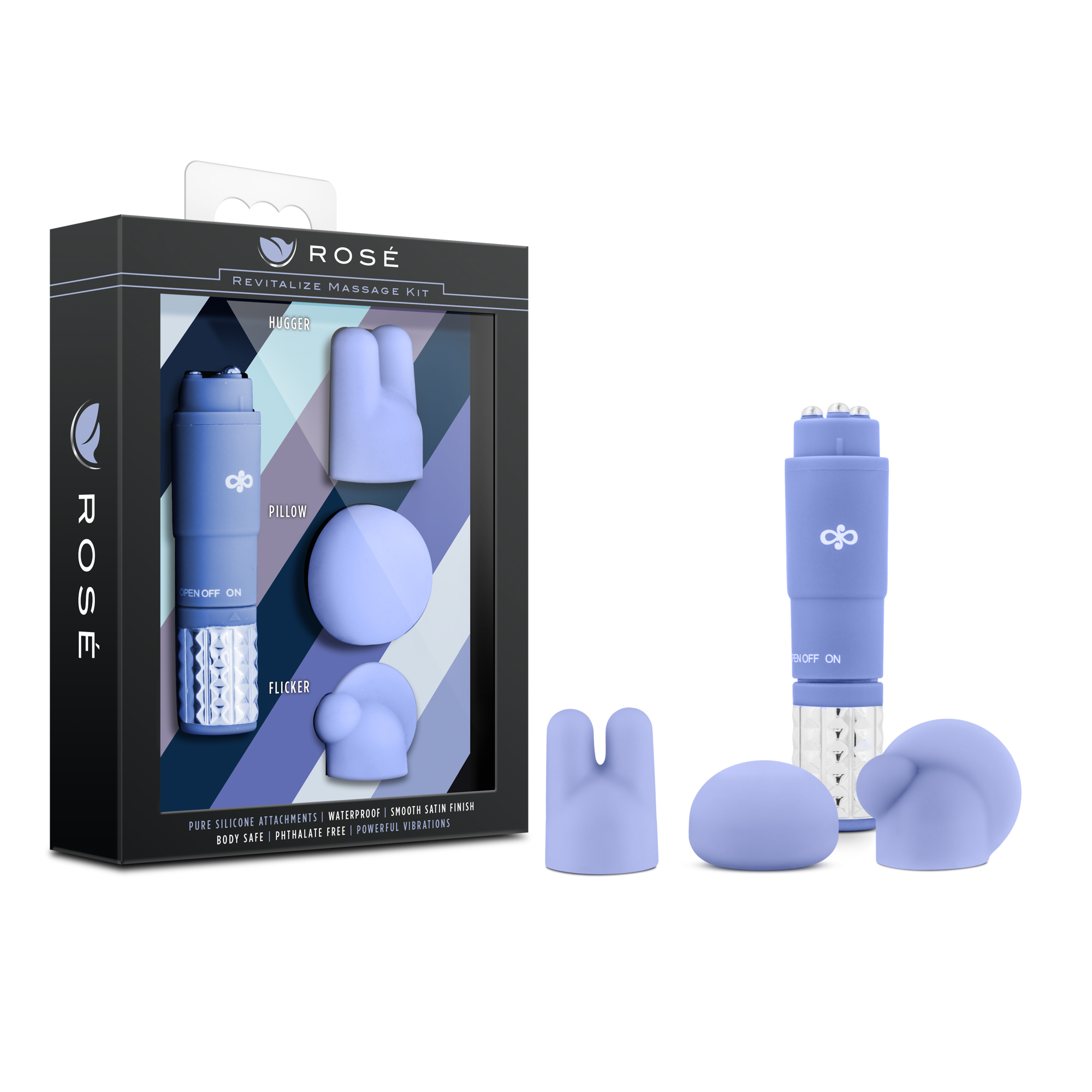 Blush Rose Revitalize Periwinkle Vibrating 3-Piece Massage Wand Kit