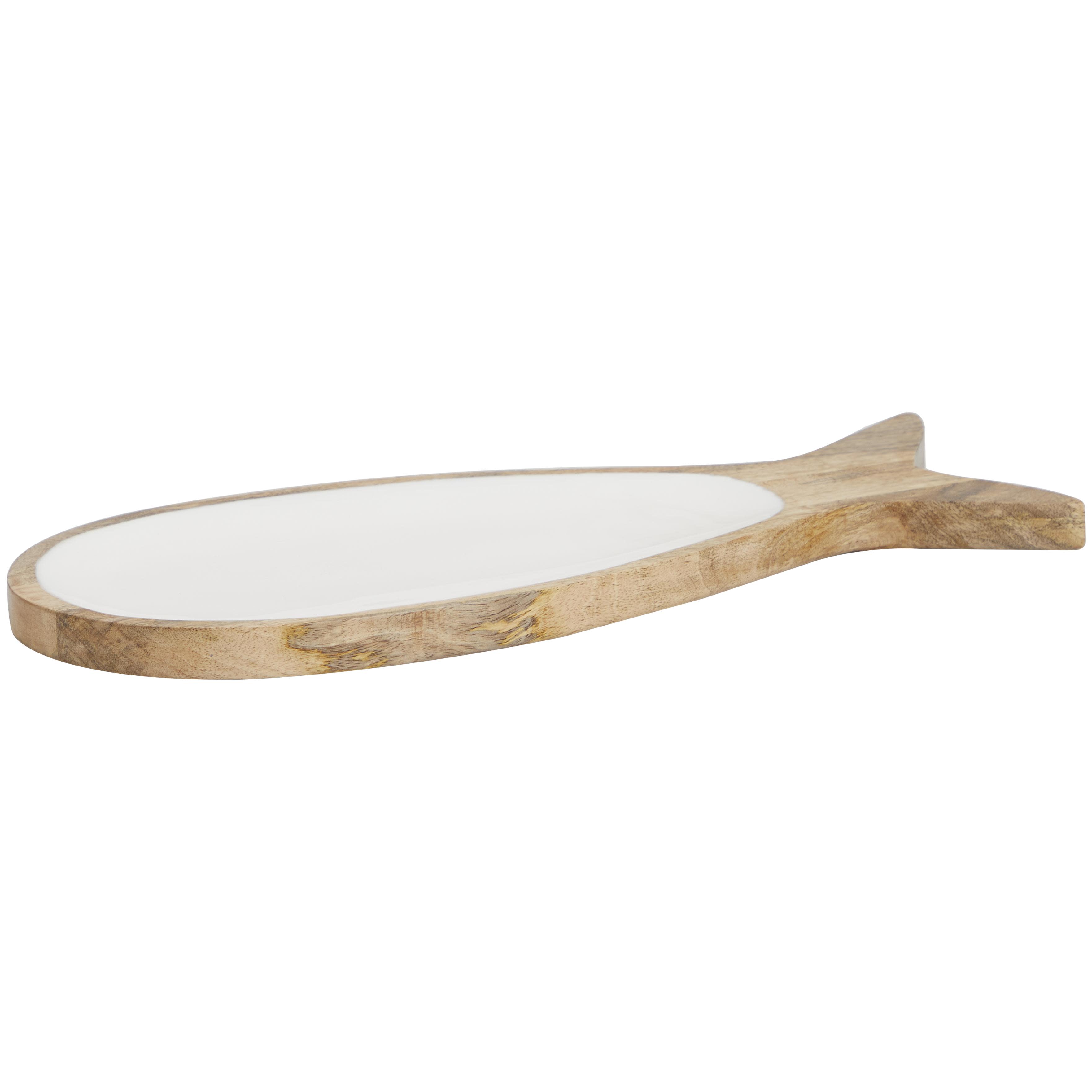 Brown Mango Wood Fish Living Room Decor Tray with White Enameled Interior, 20" x 8" x 1"