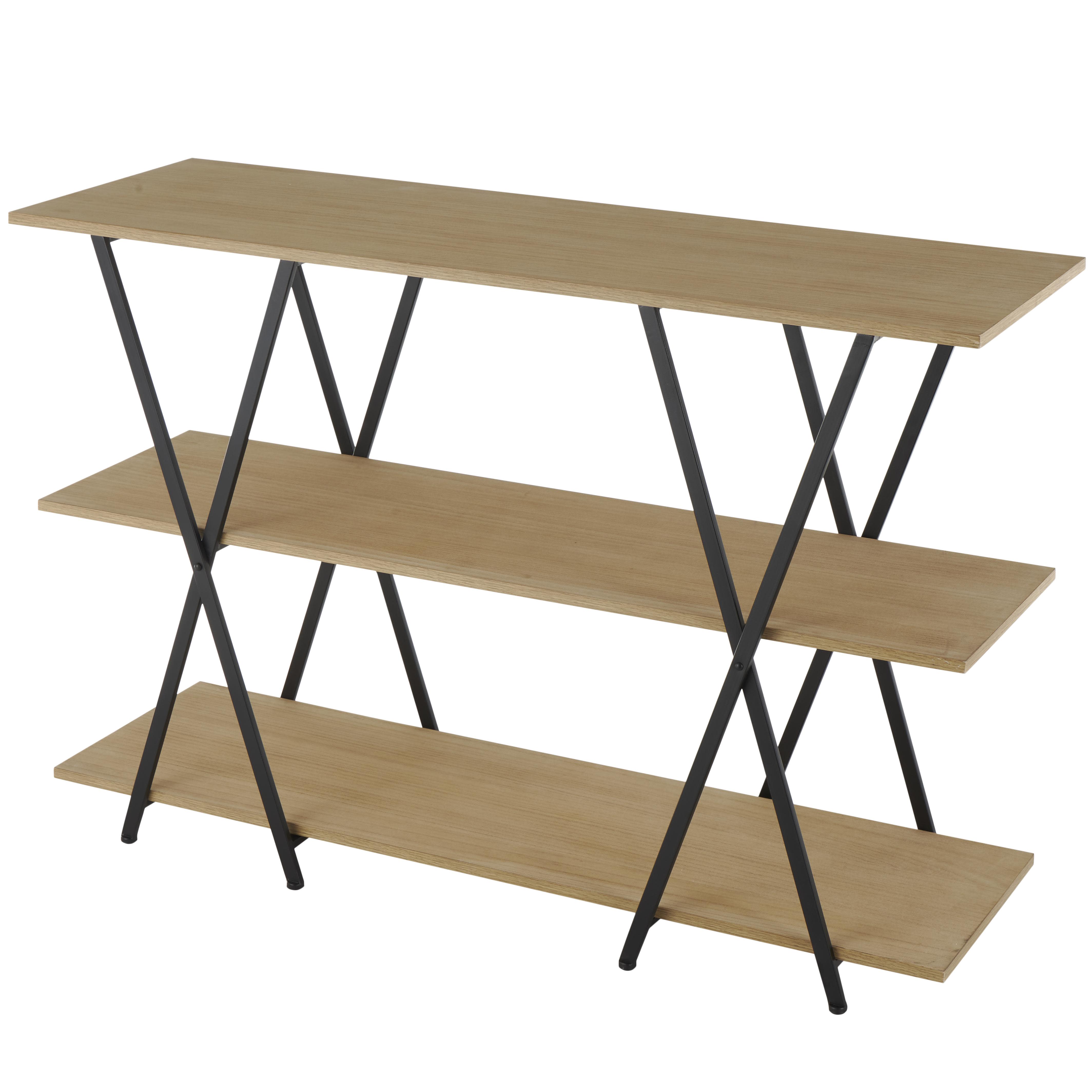 Brown Metal  3 Shelf Storage Shelving Unit with Black Metal X Frame, 47" x 16" x 32"