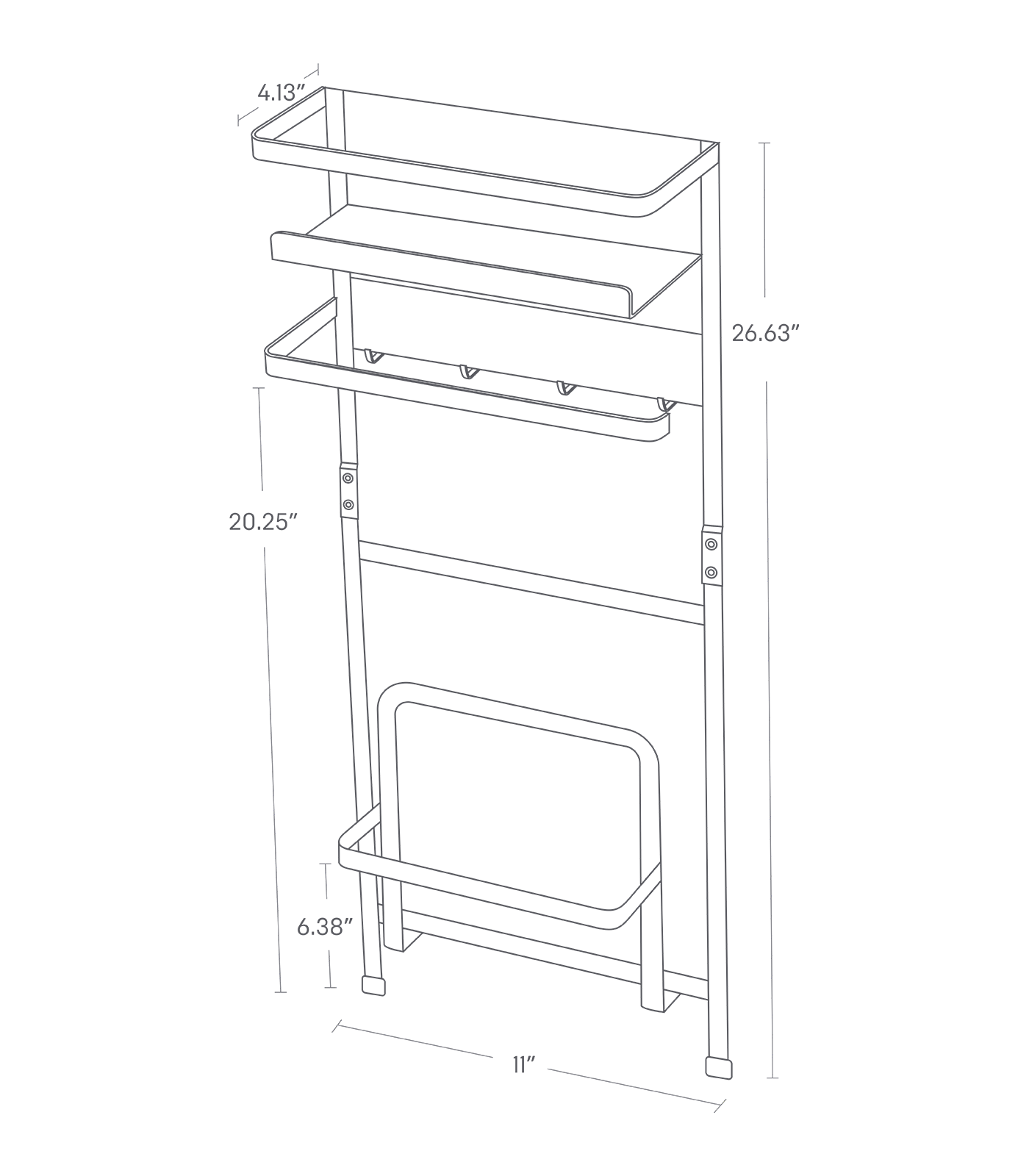 Dimension image for Magnetic Laundry Organizer showing total height of 26.63", length of 4.13", width of 11" and 6.38" from the bottom to the lower bar, and 20.25" from the bottom to the middle bar