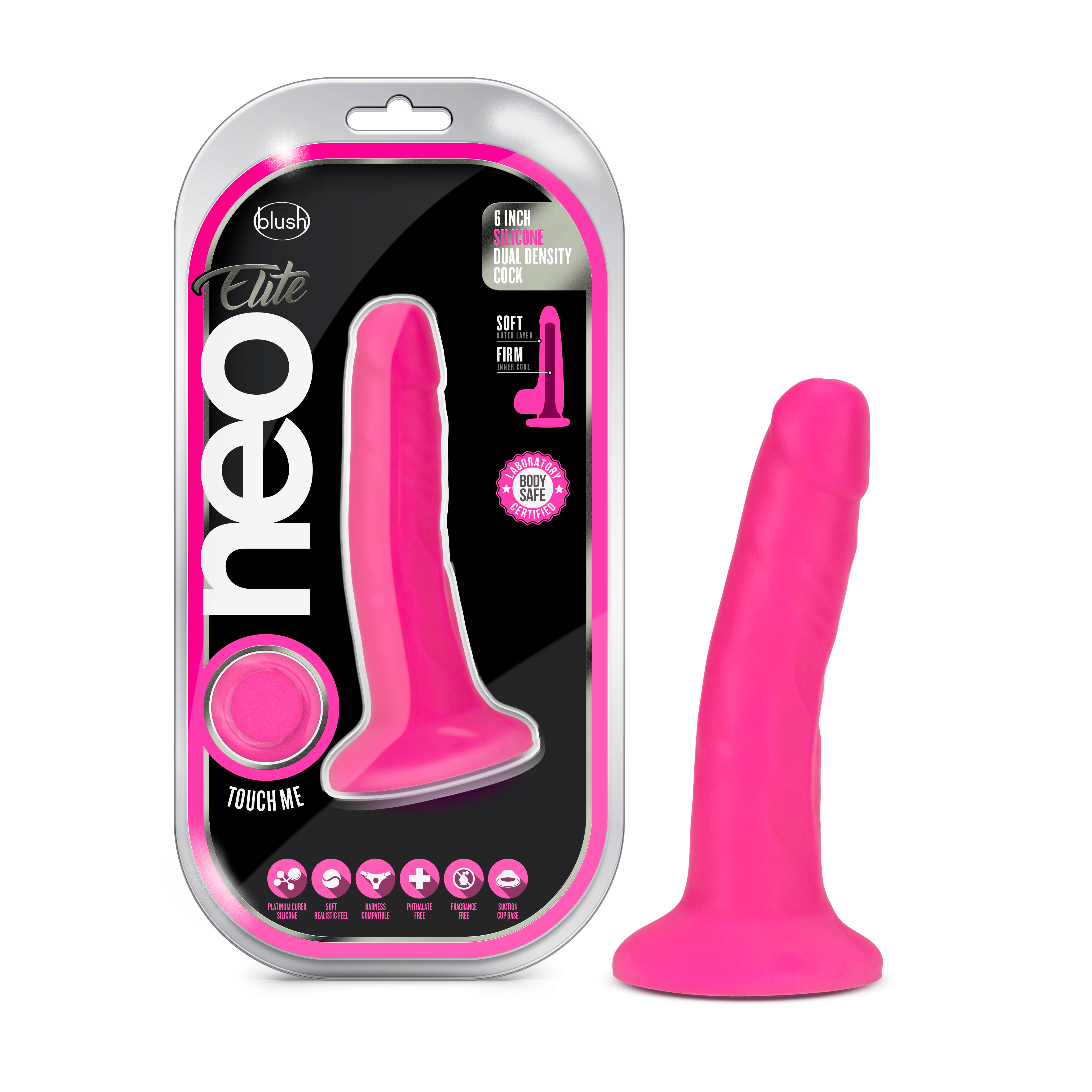 Blush Neo Elite? / Neon Pink: 5.5-Inch Long Dildo - Made with Purio? Silicone & SensaFeel? Dual Density Realistic Technology