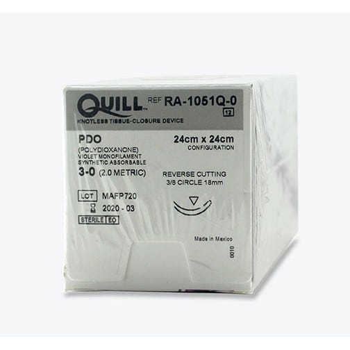 Quill™ PDO  Violet Monofilament Sutures, 3-0, 18mm 3/8 Circle, Reverse Cutting, 24cm x 24cm Barb Configuration -12/Box
