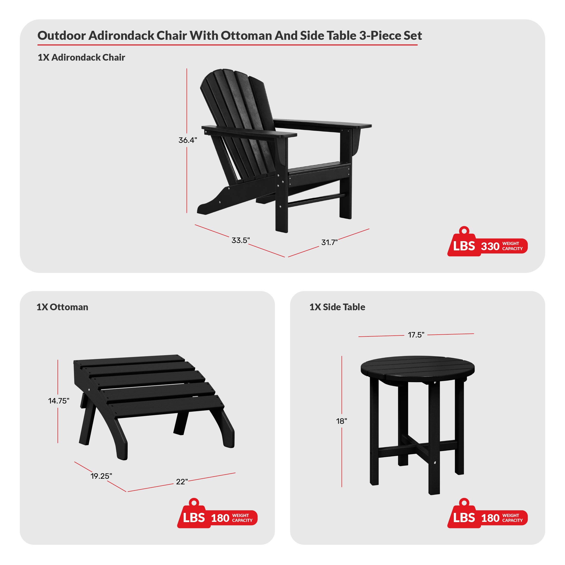 Outdoor Adirondack Chair With Ottoman And Side Table 3-Piece SetCOS Spec Image
