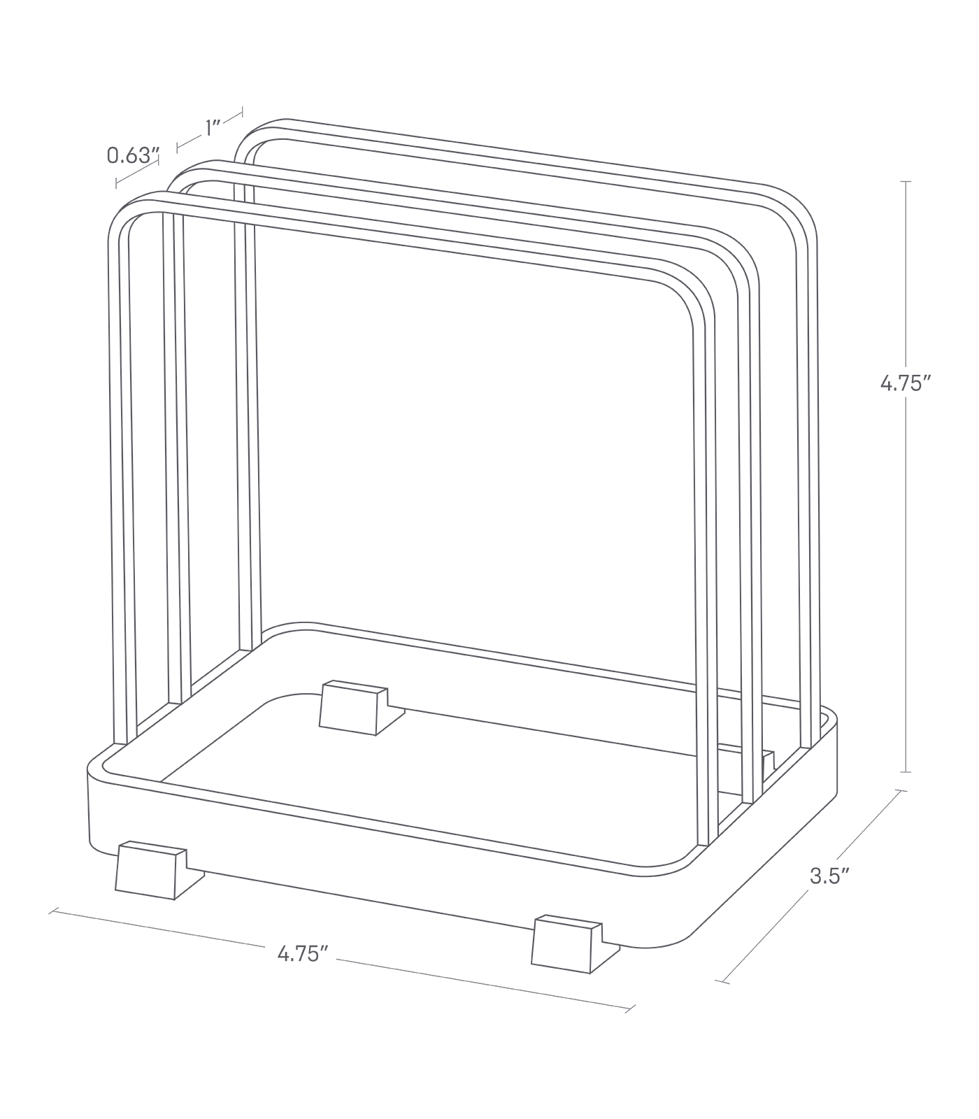 Dimension image of Cutting Board Stand with a width of 4.75", depth of 3.5", and height of 4.75". The two slots are 0.63" wide and 1" wide.