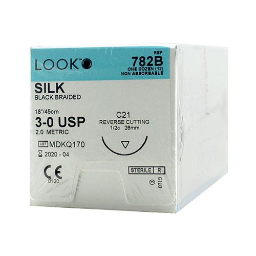 Silk Black Braided Sutures, 3-0, C-21, Reverse Cutting, 18" - 12/Box