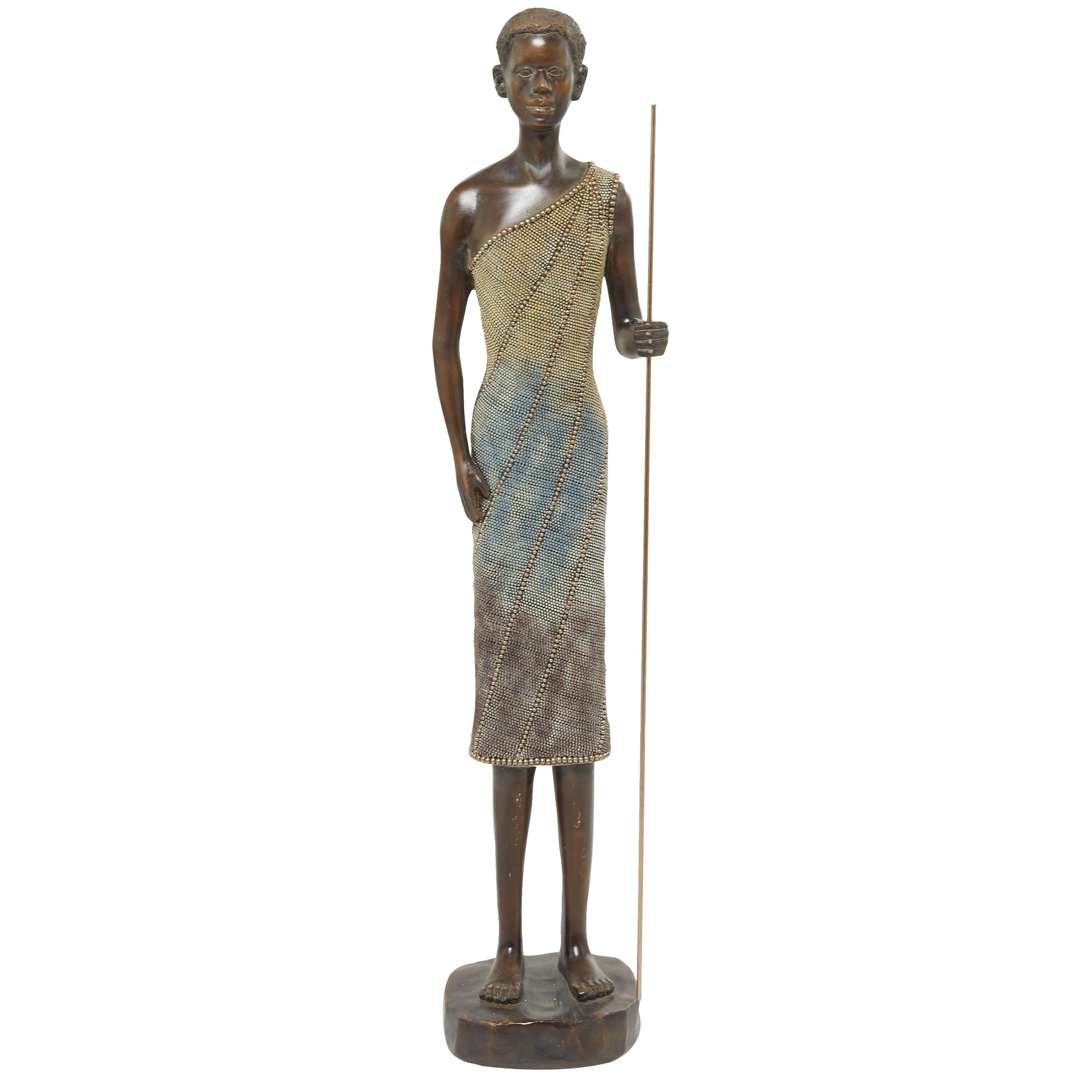 brown polystone woman standing african decorative sculpture with intricate details, 6" x 5" x 28"