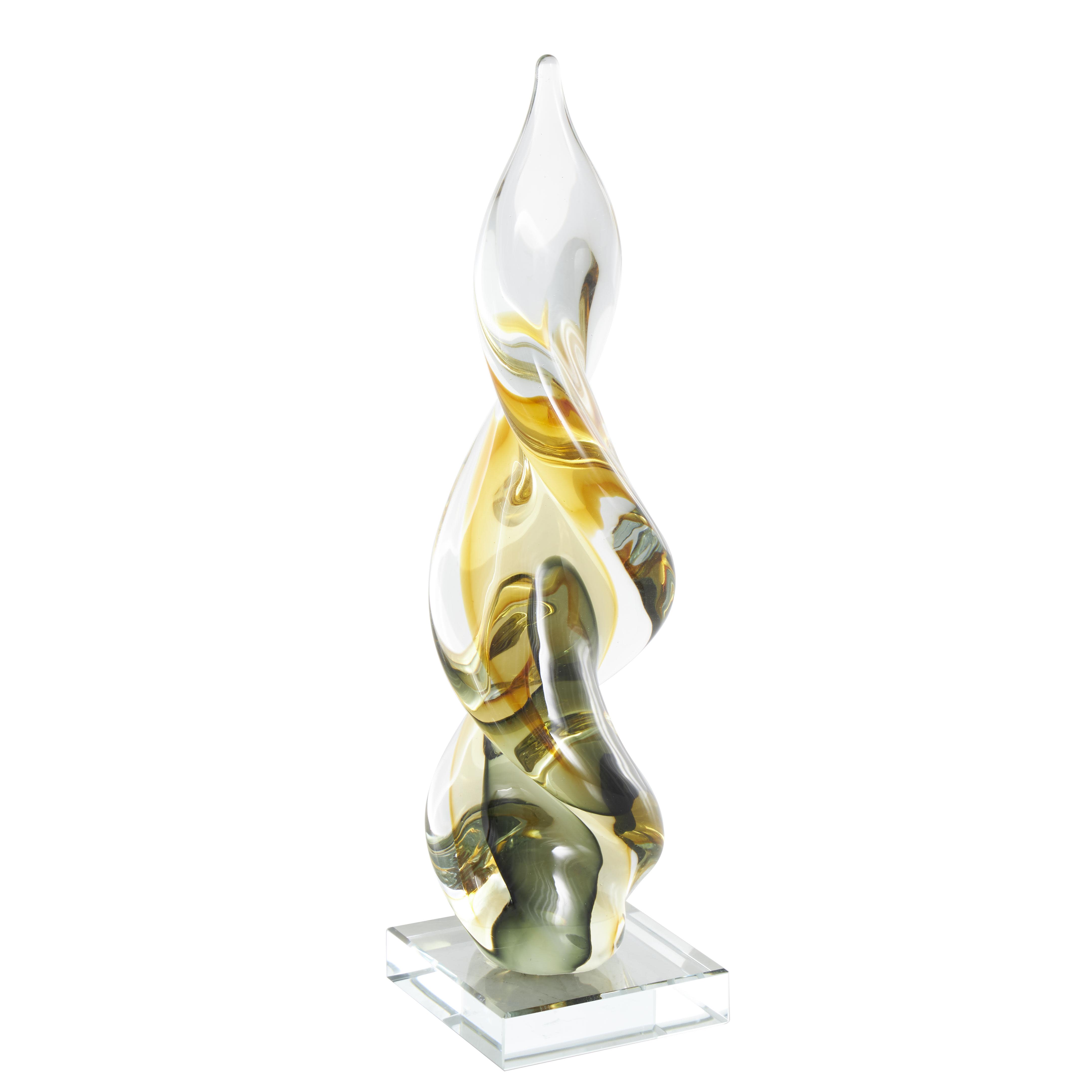 Clear Glass Abstract Twisted Decorative Sculpture with Green Accents, 3" x 3" x 12"