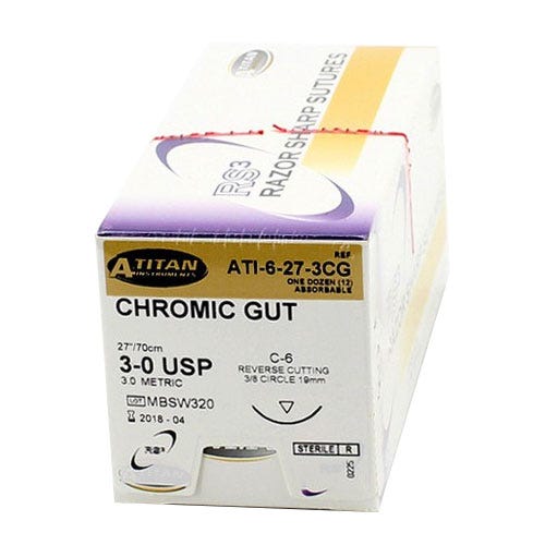 Chromic Gut Sutures, 3-0, C-6, Reverse Cutting, 27"