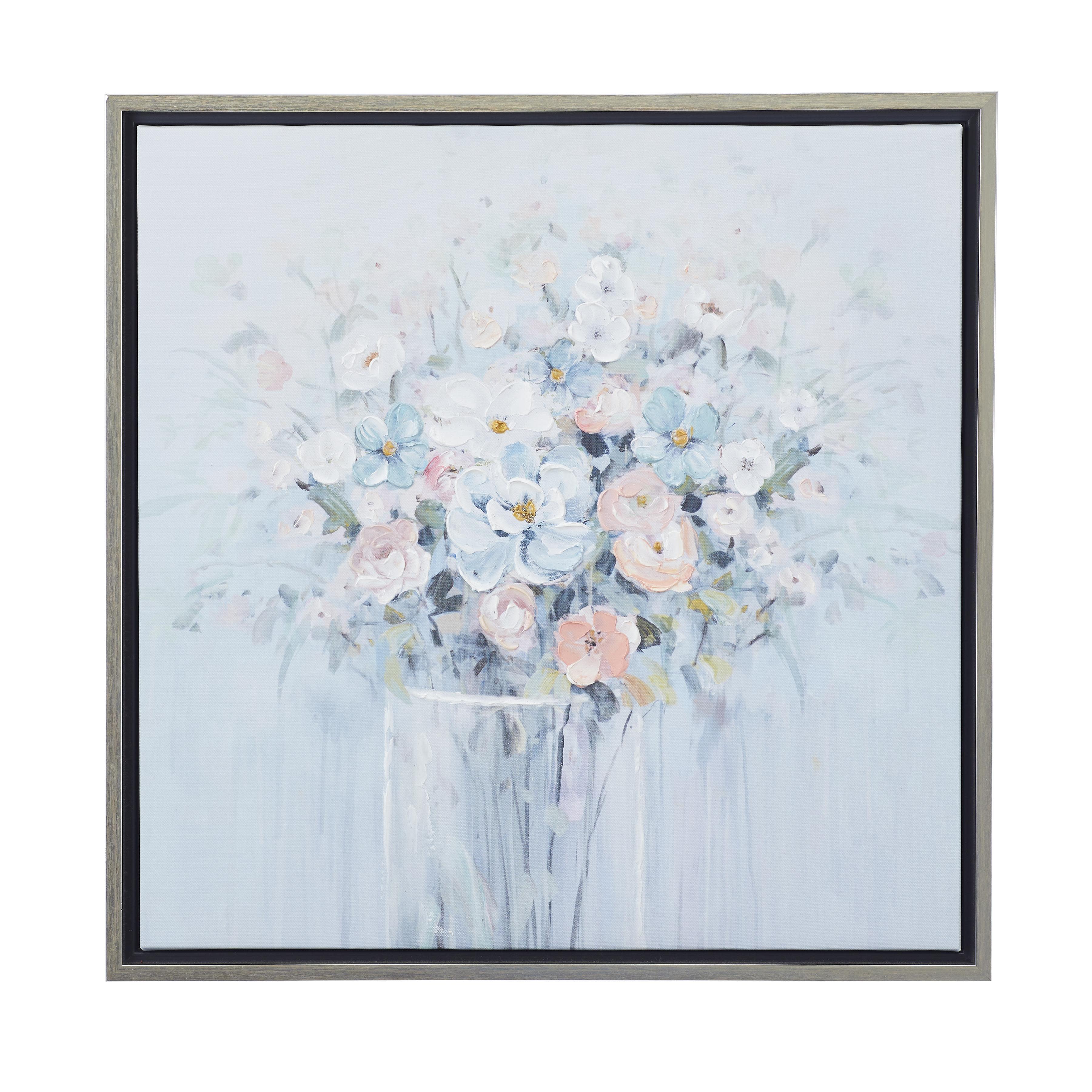 Blue Canvas Floral Bouquet Living Room Framed Wall Art with Silver Frame, 24" x 1" x 24"