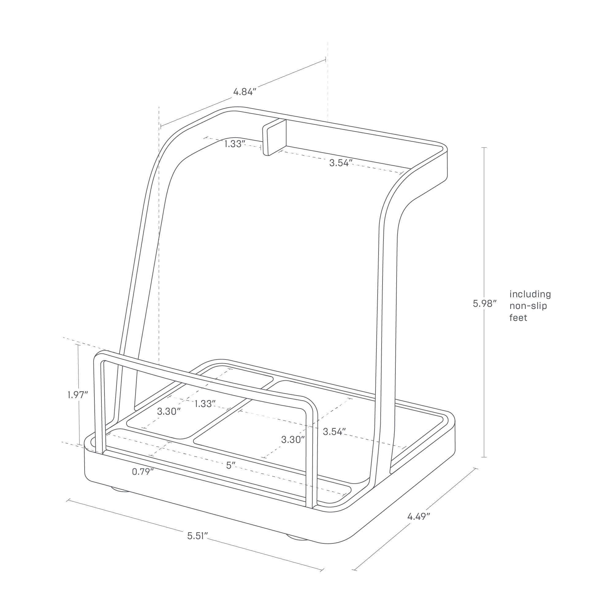 Dimensions image of the lid & ladle stand featuring dimensions L 4.84 x W 5.51 x H 5.98 inches