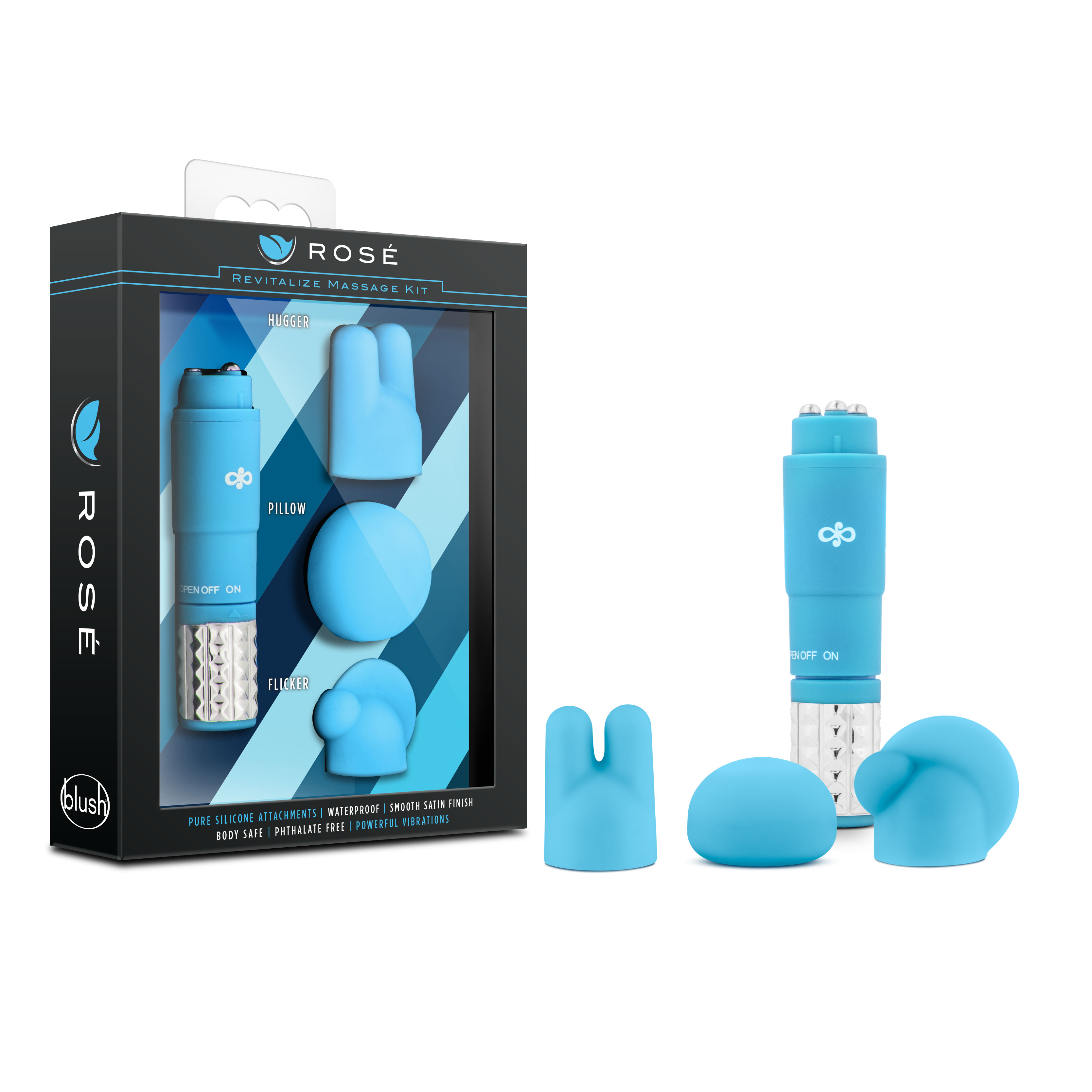 Blush Rose Revitalize Blue Vibrating 3-Piece Massage Wand Kit