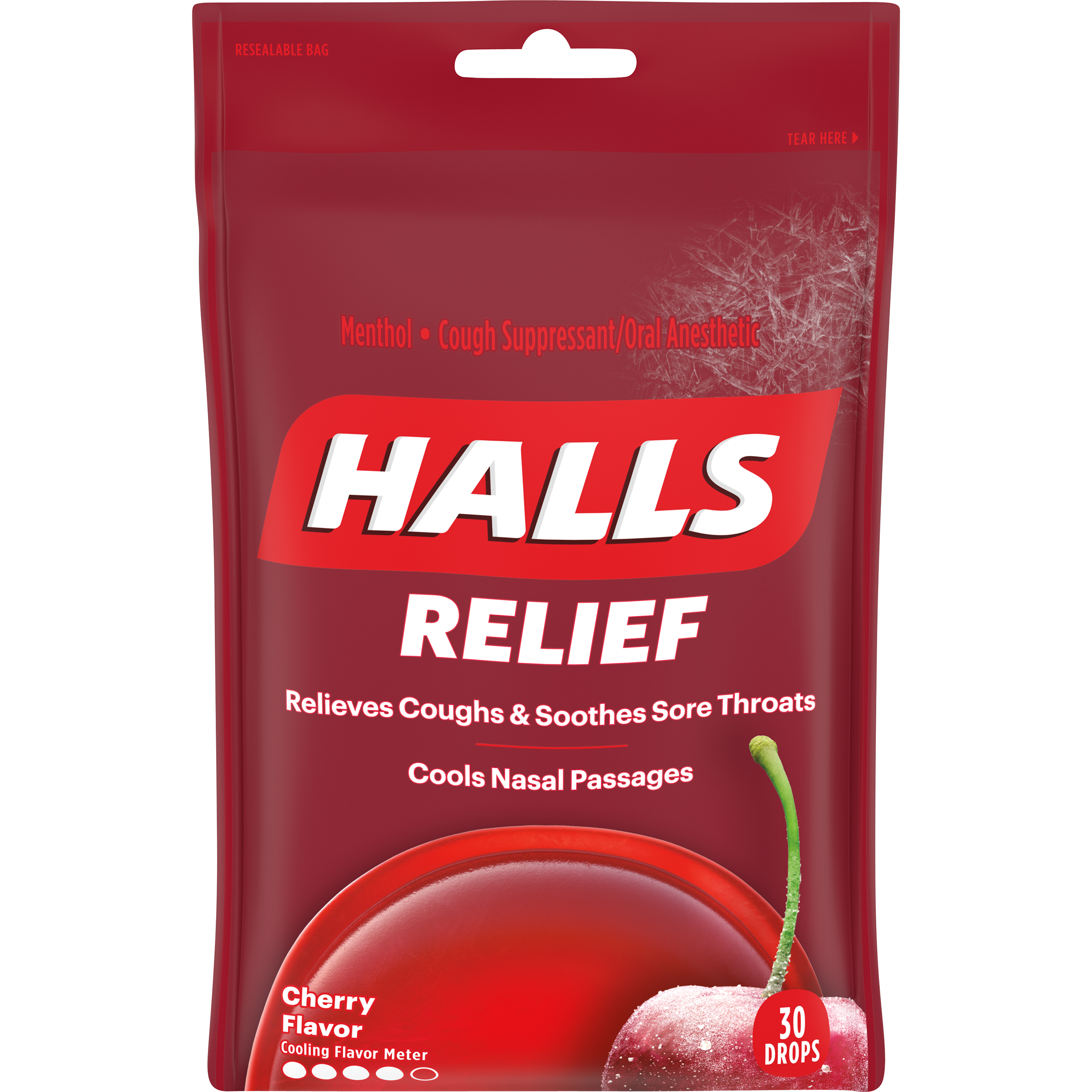 HALLS Cherry Flavor Cough Drops Bag 30PCS 4x12