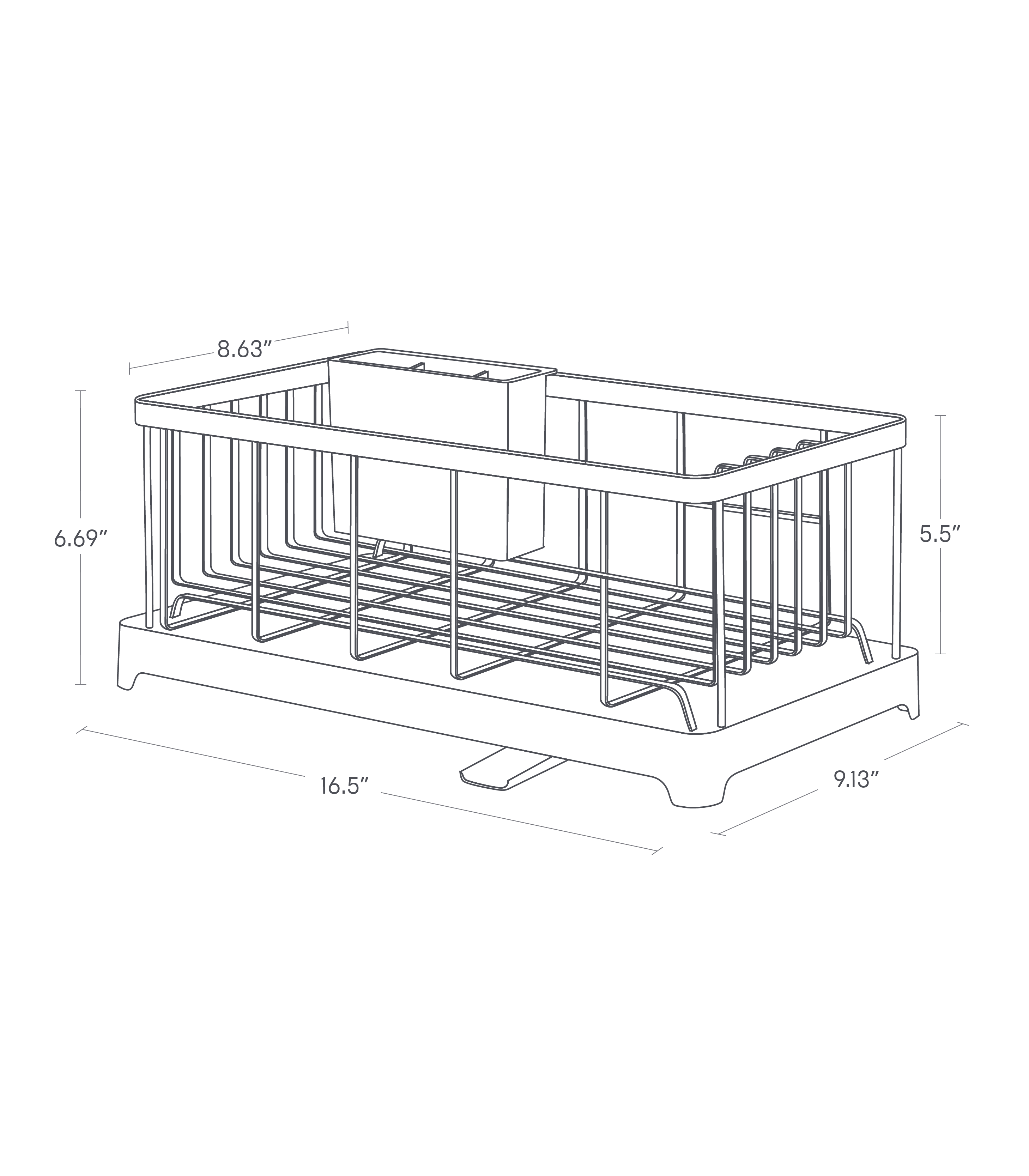 Dimension image for Wire Dish Rackon a white background showinglength of 16.5 