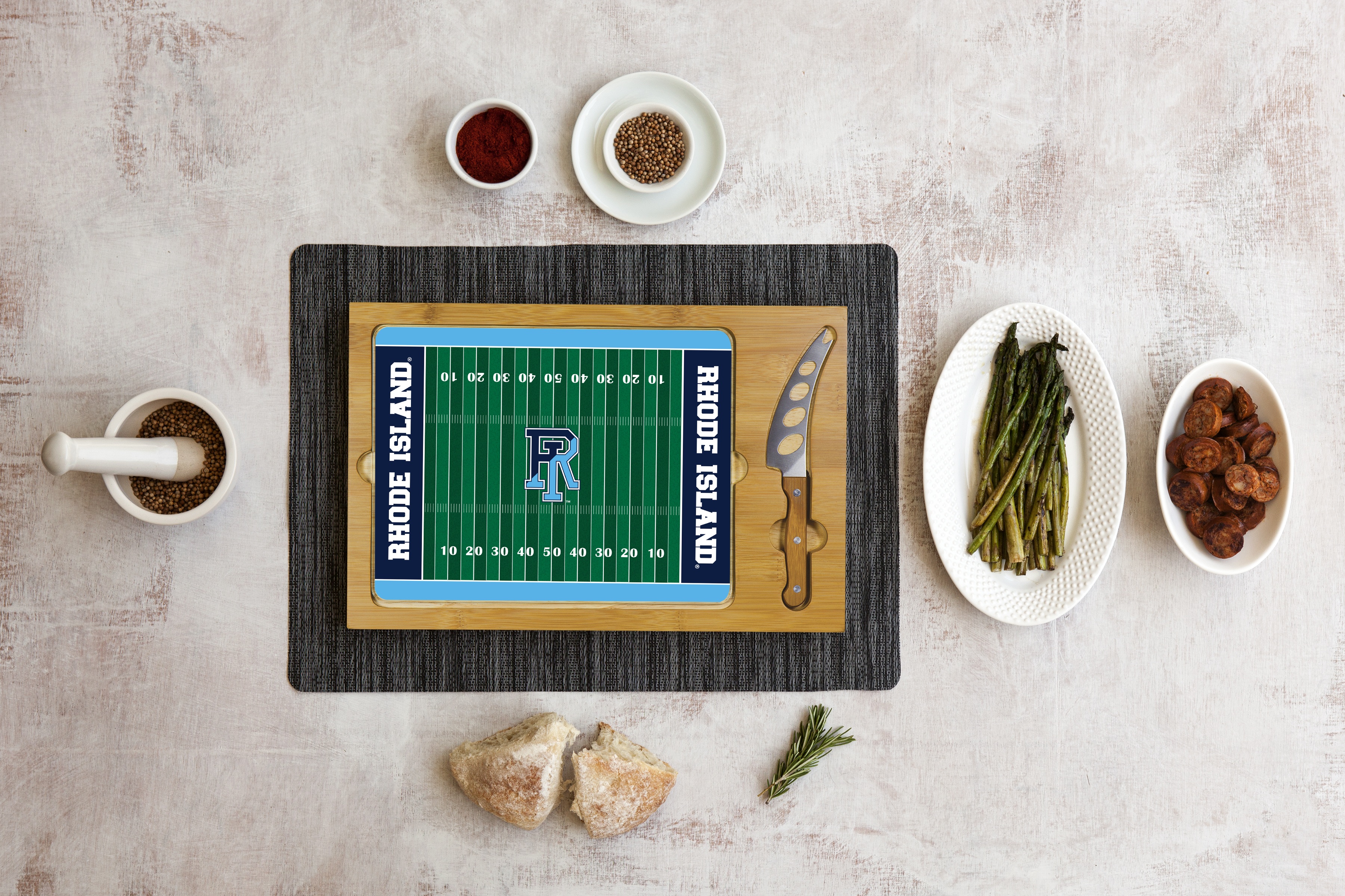 Rhode Island Rams - Icon Glass Top Cutting Board & Knife Set
