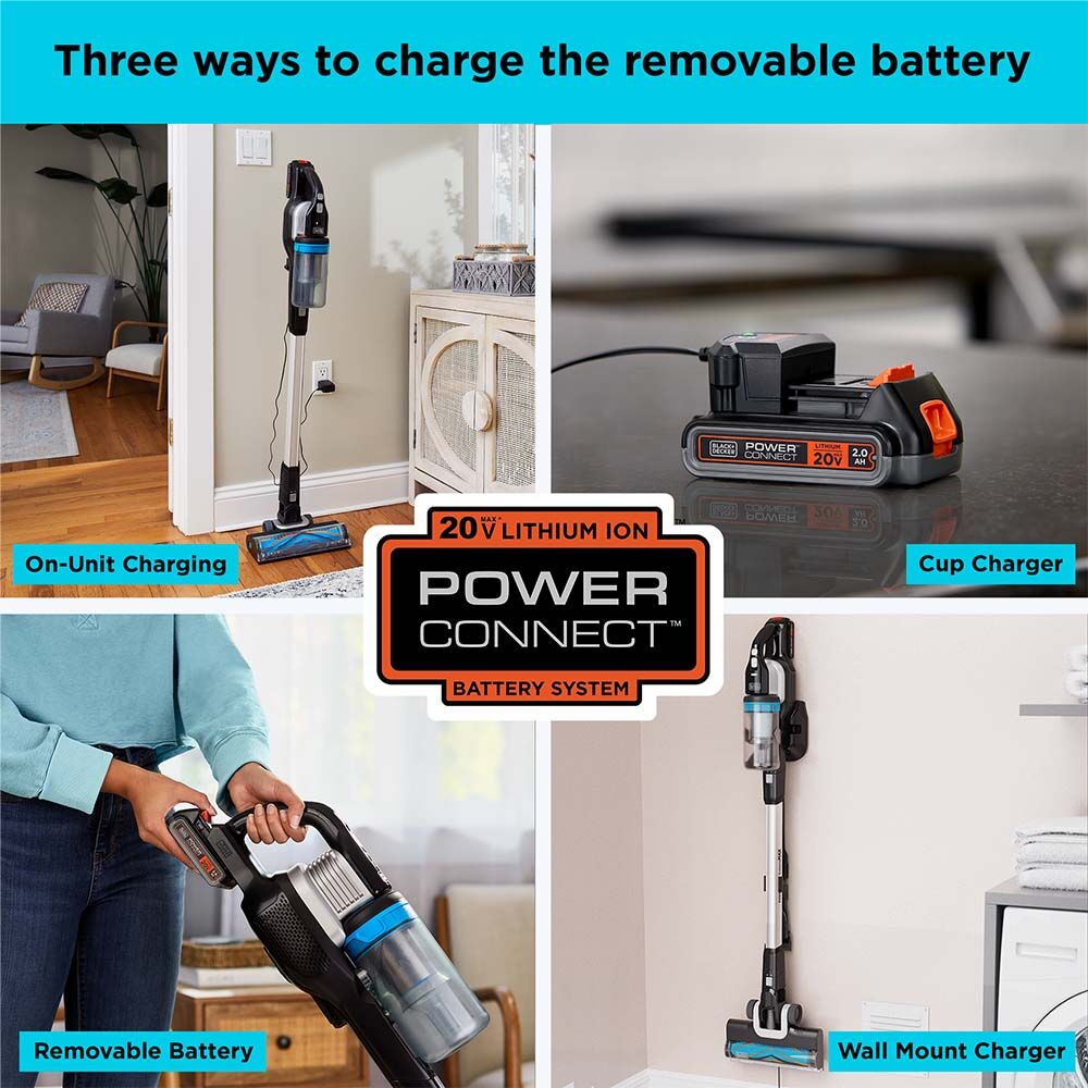 The three ways to charge the POWERSERIES Extreme MAX stick vac: on unit, wall mount, and cup charger