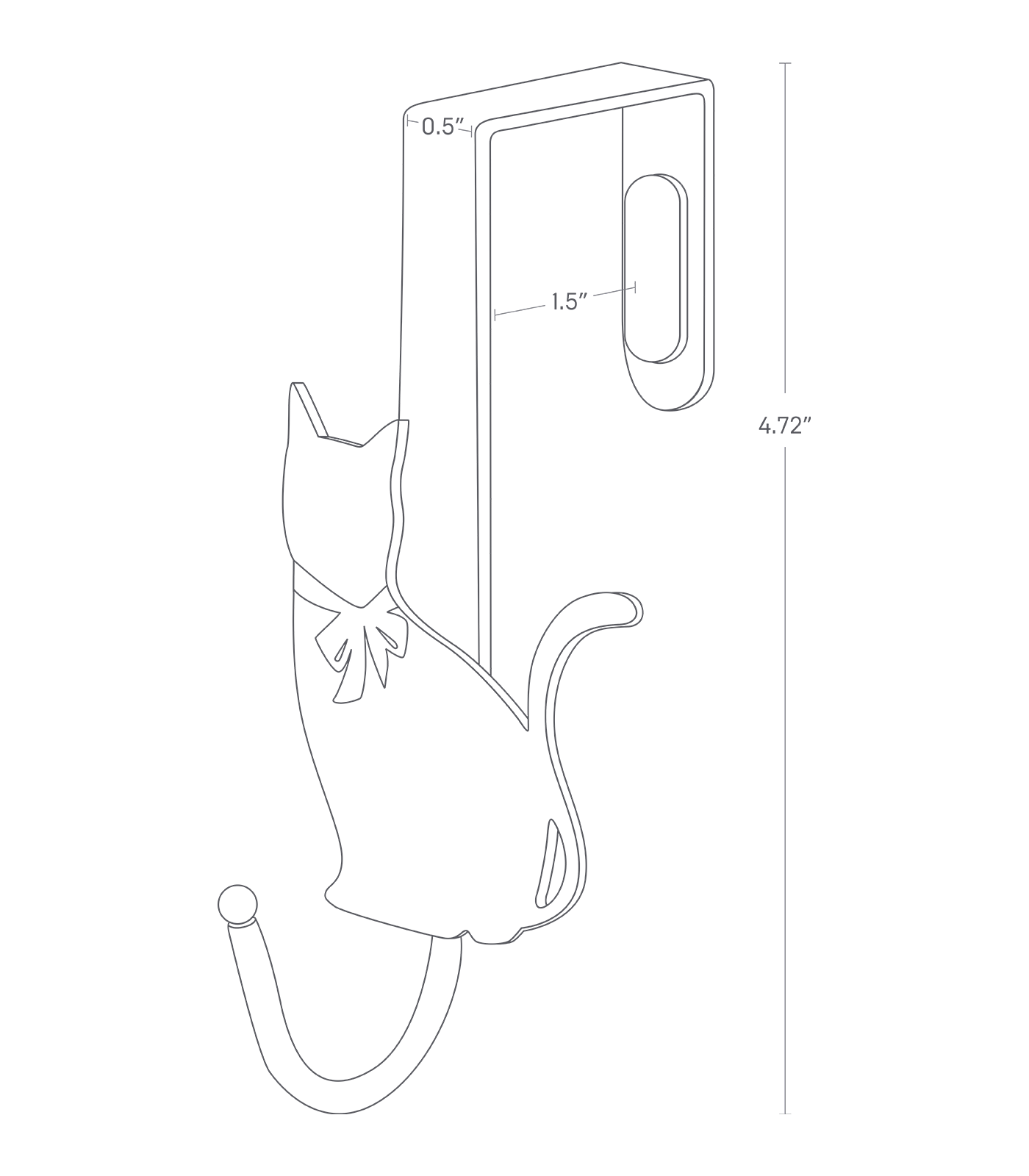 Dimension Image for Over The Door Hanger on a white background showing height of 4.72", hook gap of 1.5", and bar width of .5".