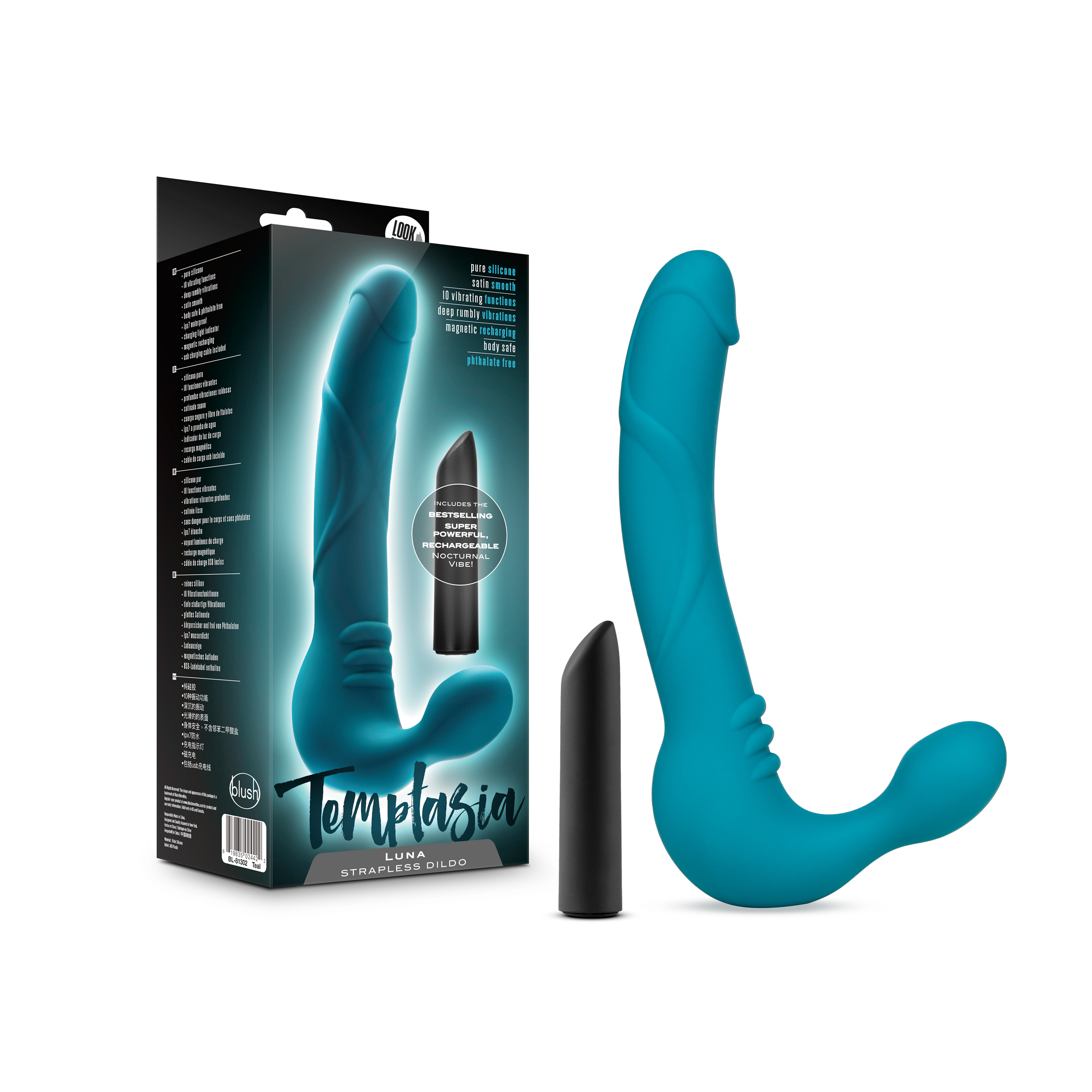 Blush Temptasia Luna Curved Teal 9-Inch Long Rechargeable Vibrating Dildo