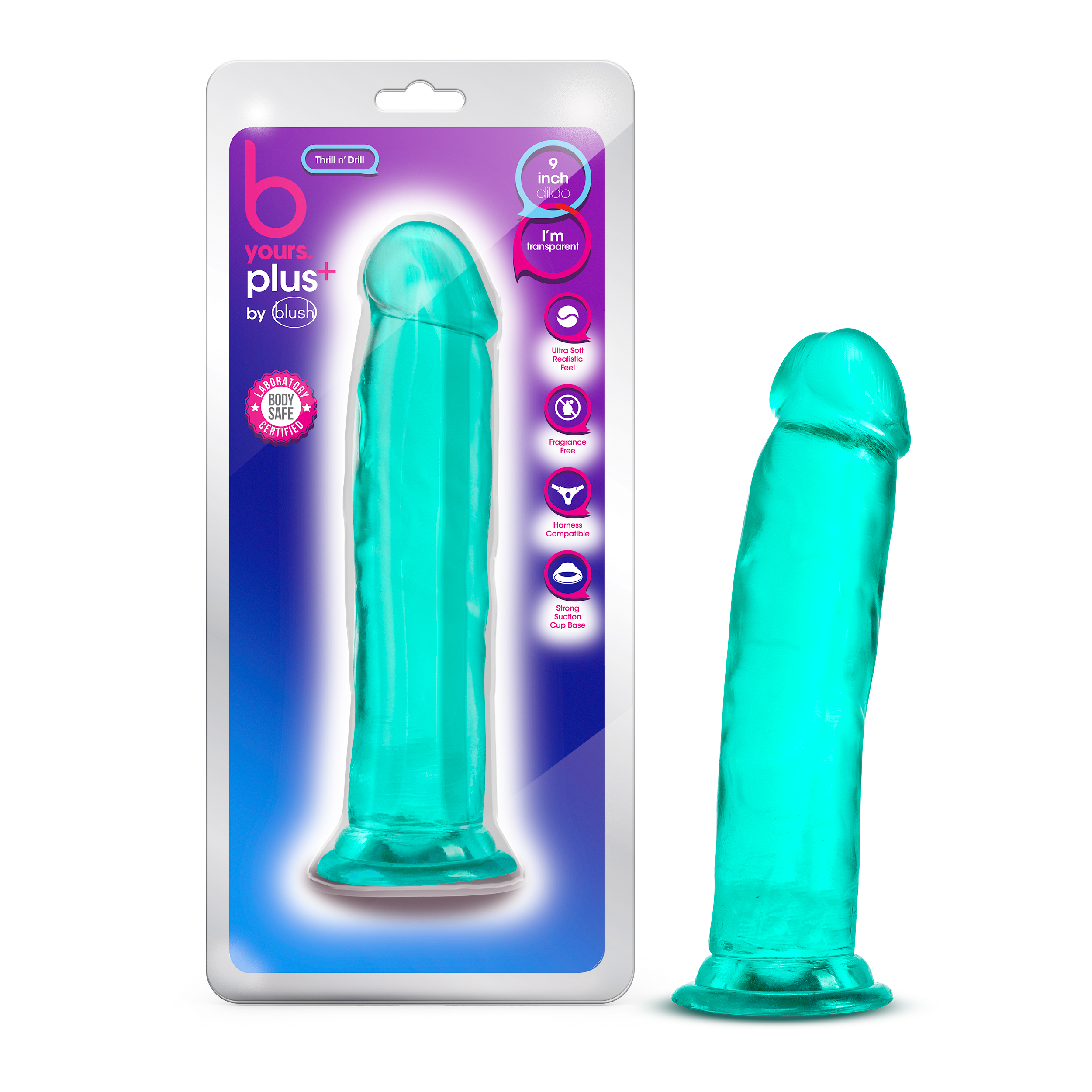 Blush B Yours Plus Thrill N? Drill Realistic Teal 9.5-Inch Long Dildo With Suction Cup Base