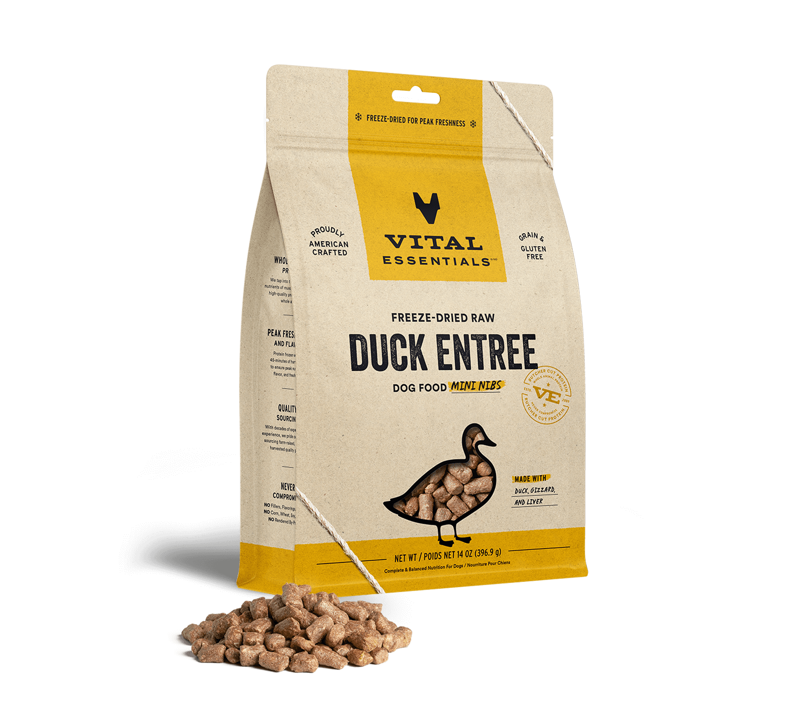 Vital Essentials Freeze-Dried Raw Duck Entree Dog Food Mini Nibs, 14 oz - Health/First Aid