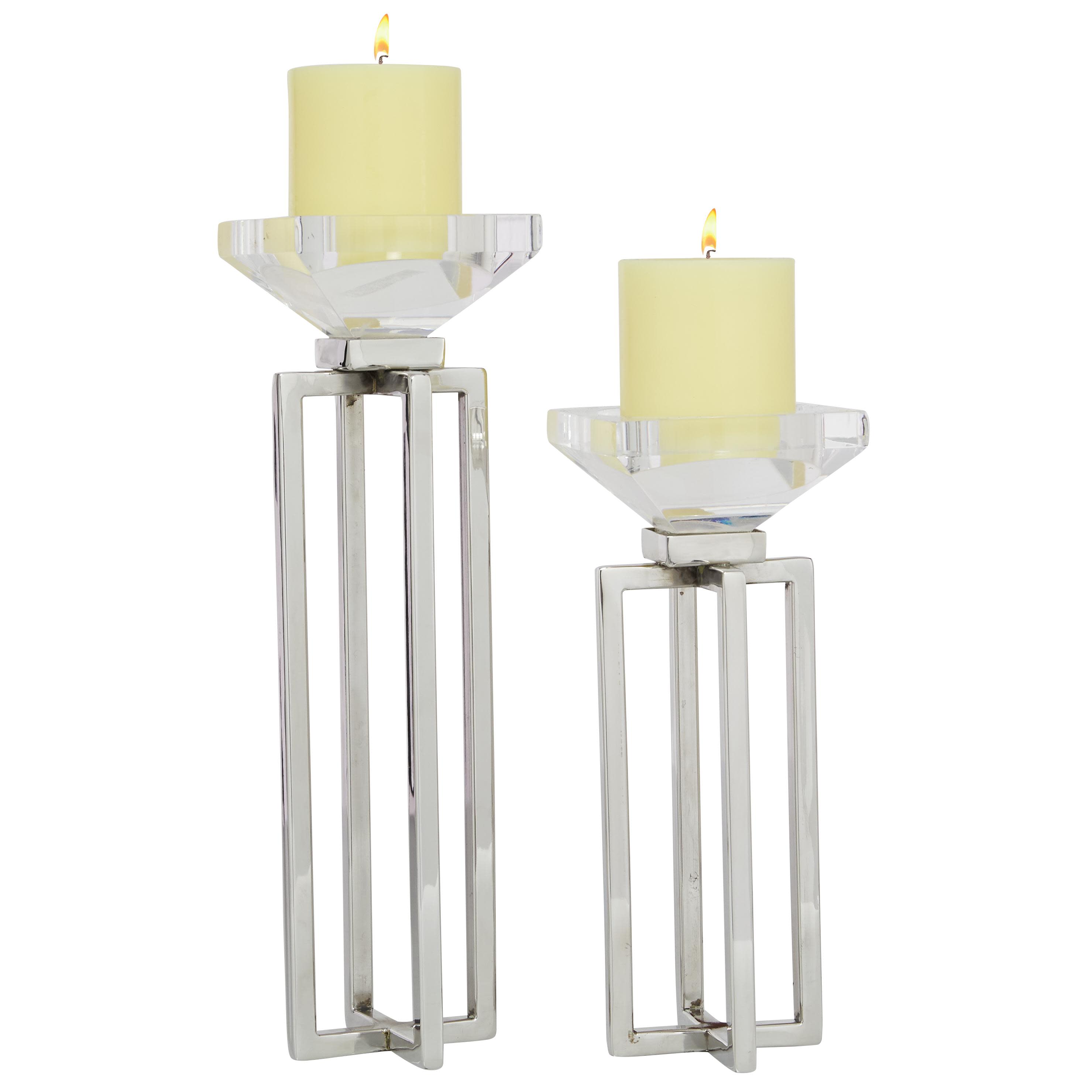 Silver Stainless Steel Metal Geometric Decorative Candle Holder with Diamond Inspired Top, Set of 2 10\", 13\"H( Total pack of 2 Set)