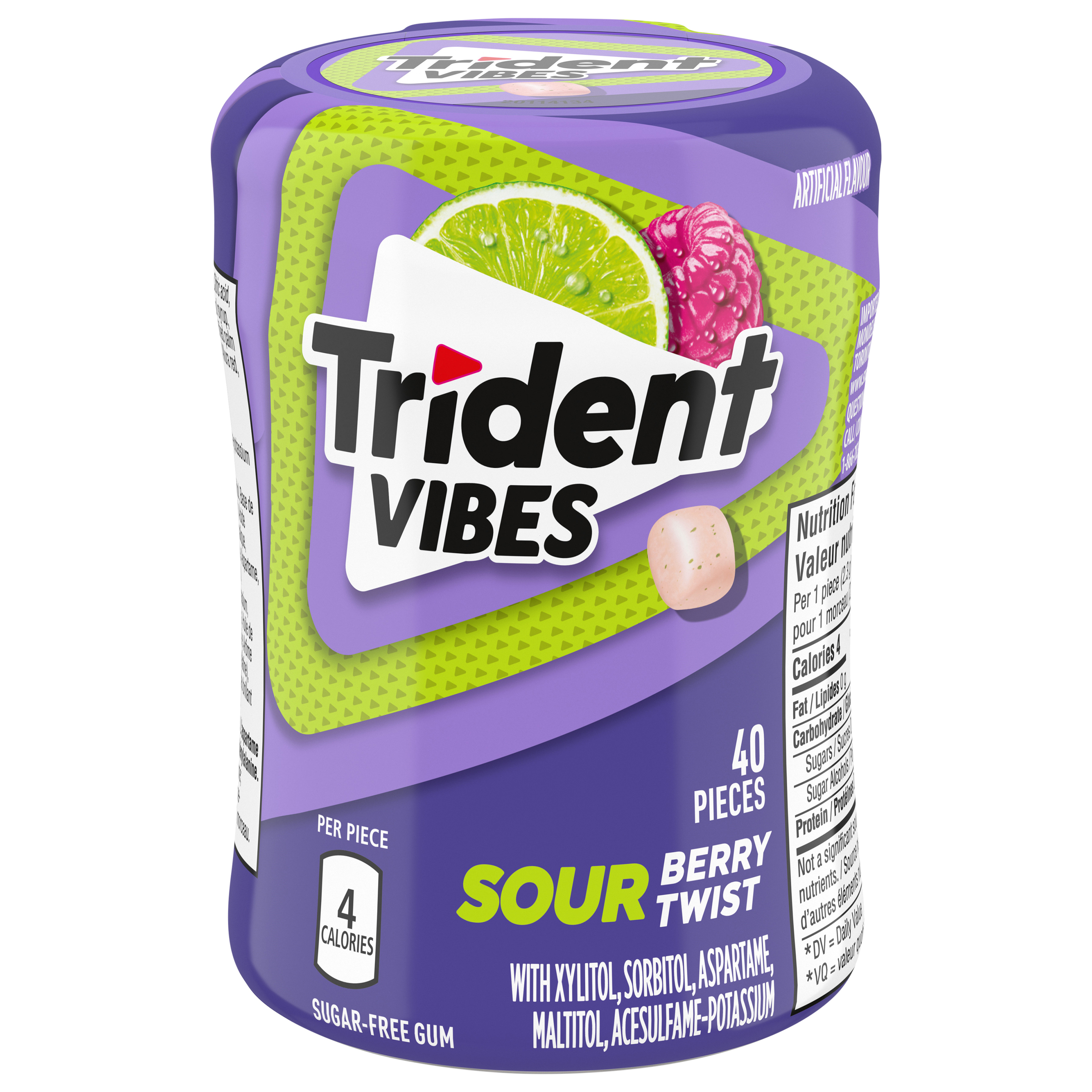 Trident Vibes Sour Sugar Free Gum, Berry Twist Flavour, 1 Go Cup (40 Pieces)-thumbnail-0