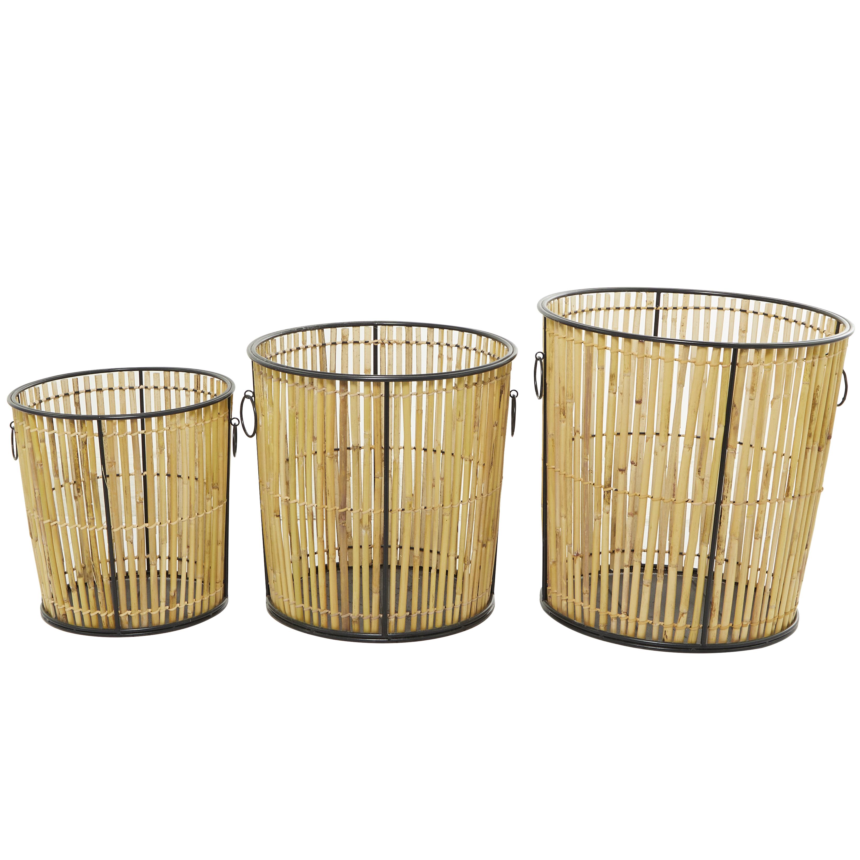 The Novogratz Light Brown Rattan  Handmade Slatted Frame Decorative and Functional Storage Basket with Ring Handles, Set of 3 20", 18", 15"H