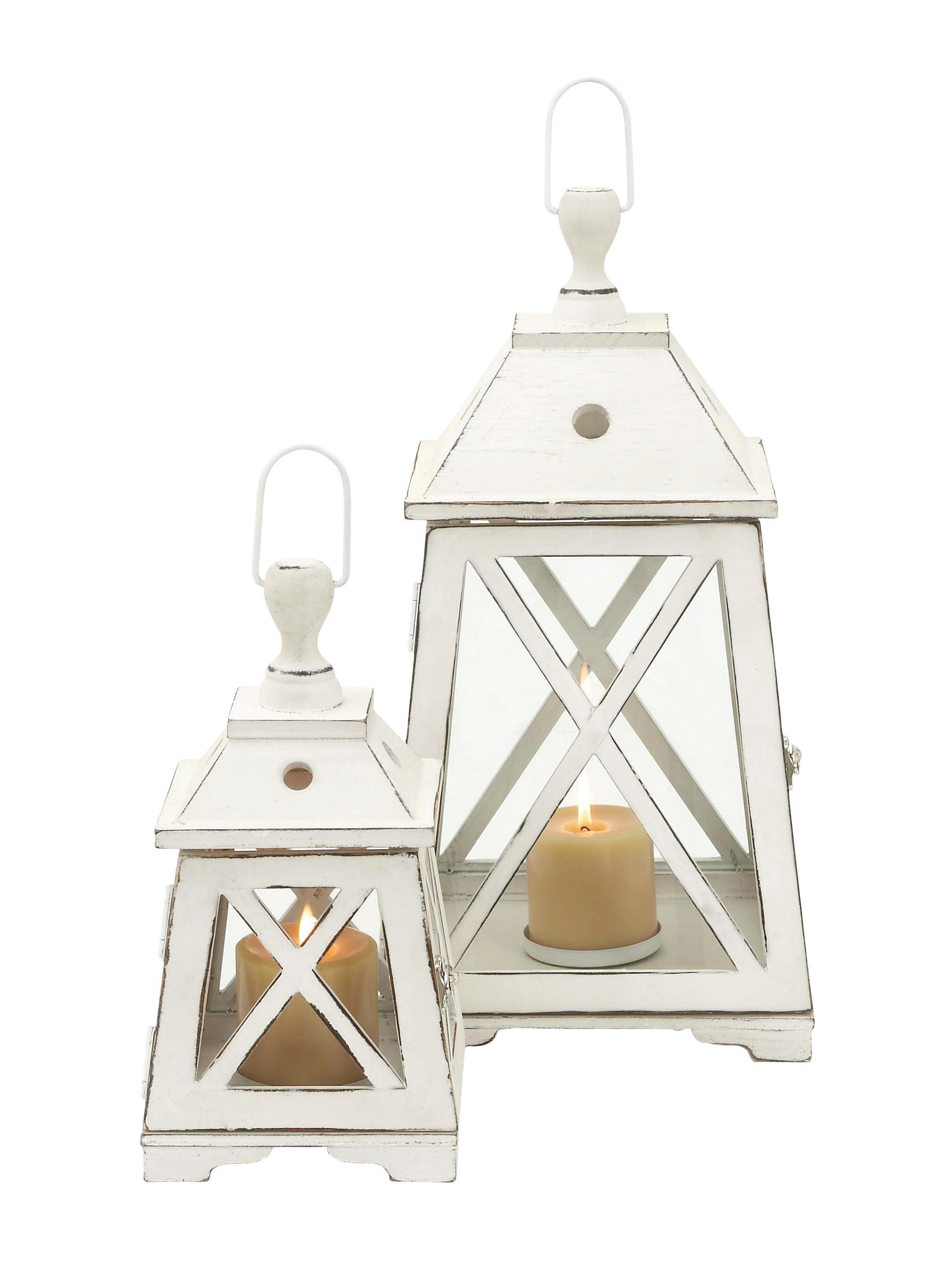 Cream Metal  Lighthouse Style Decorative Indoor Outdoor Candle Lantern, Set of 2 19", 12"H